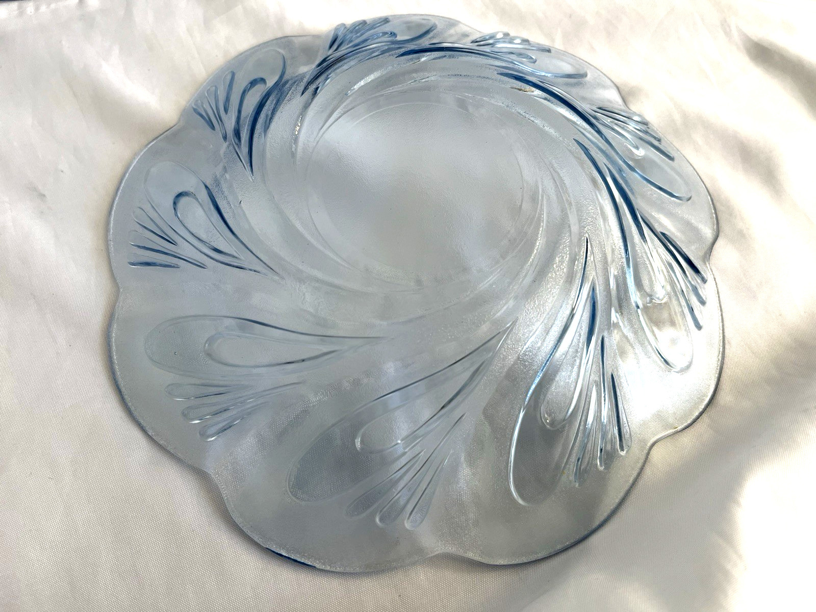 KIG (?) set of 6 clear blue glass 8″1/2″ salad plates-embossed swirls .Indonesia