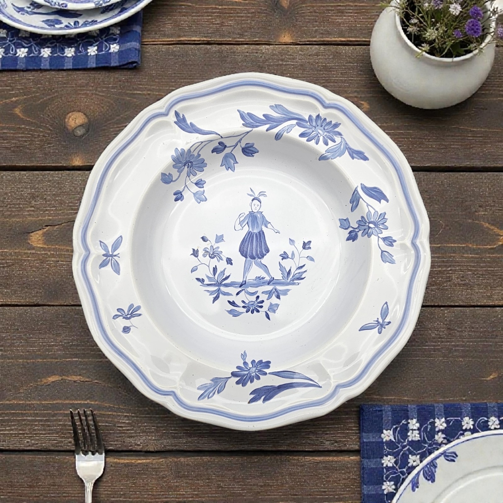 VTG Longchamp France Moustiers Blue Rim Soup Round Bowl Porcelain Floral 9″