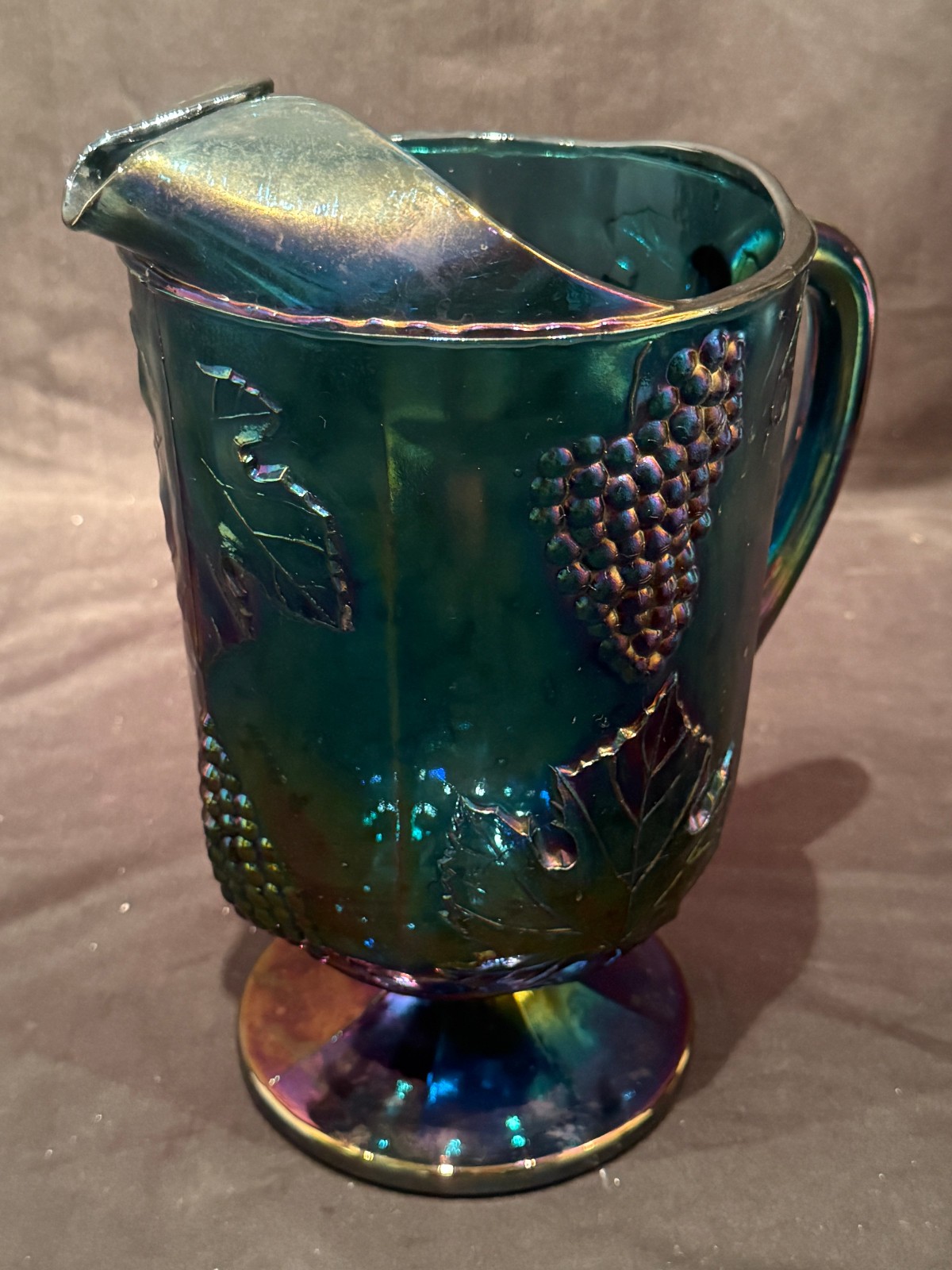 Harvest Grape & Leaf Indiana Art Glass Carnival Iridescent Blue Water Pitcher