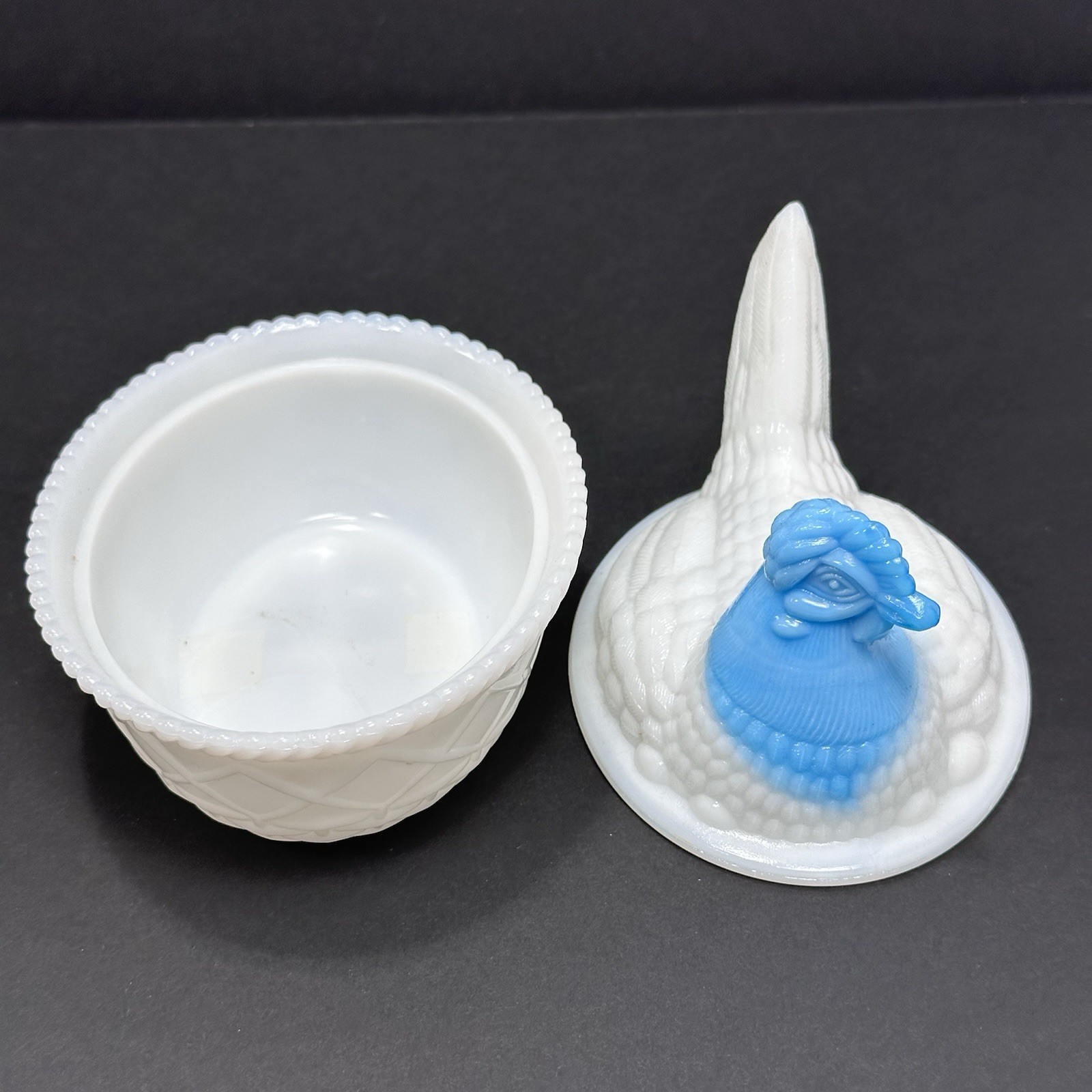 Westmoreland Hen on Nest Milk Glass Blue Slag Head 5.25″ x 4″ Vintage