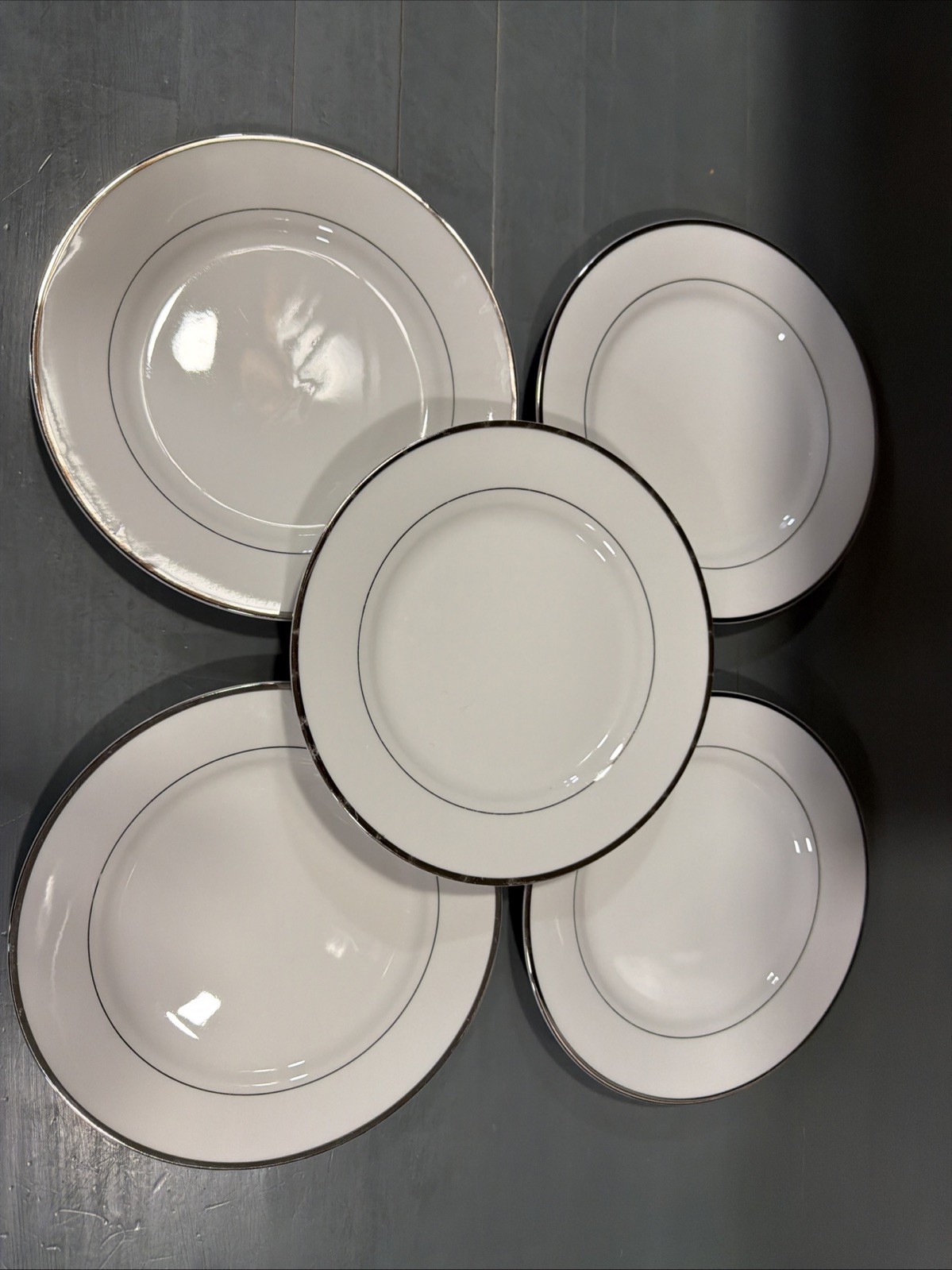 Set Of 5 International Silver Co SILVER TRIMMED 7.5” Salad Plates: Fine China