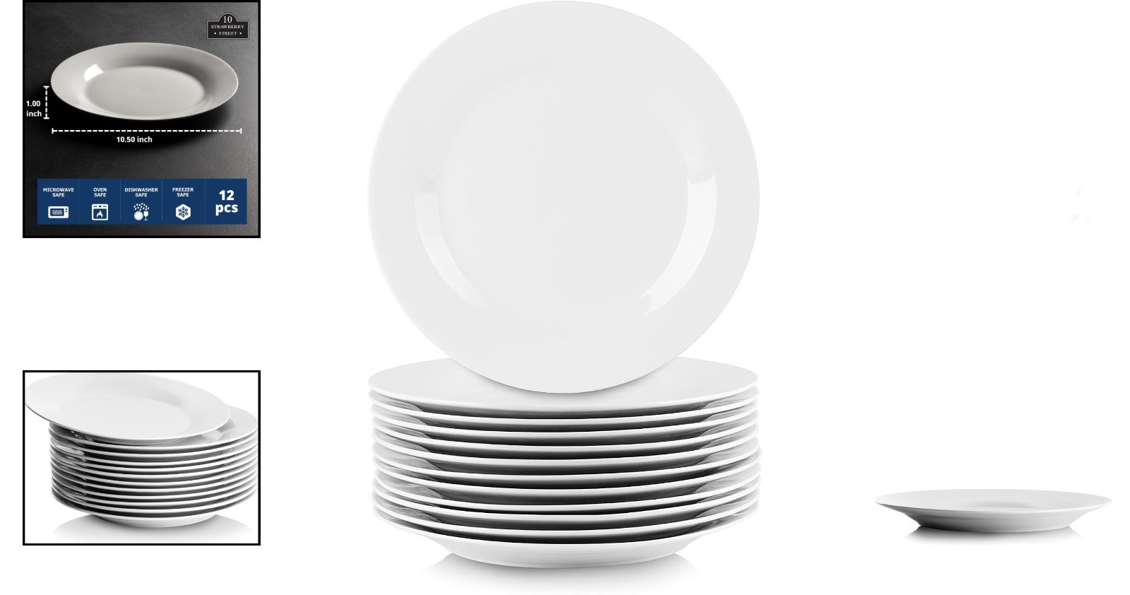 Timeless Ceramic Dinnerware: Set of 12 10.5″ Round White Plates for Home Dining