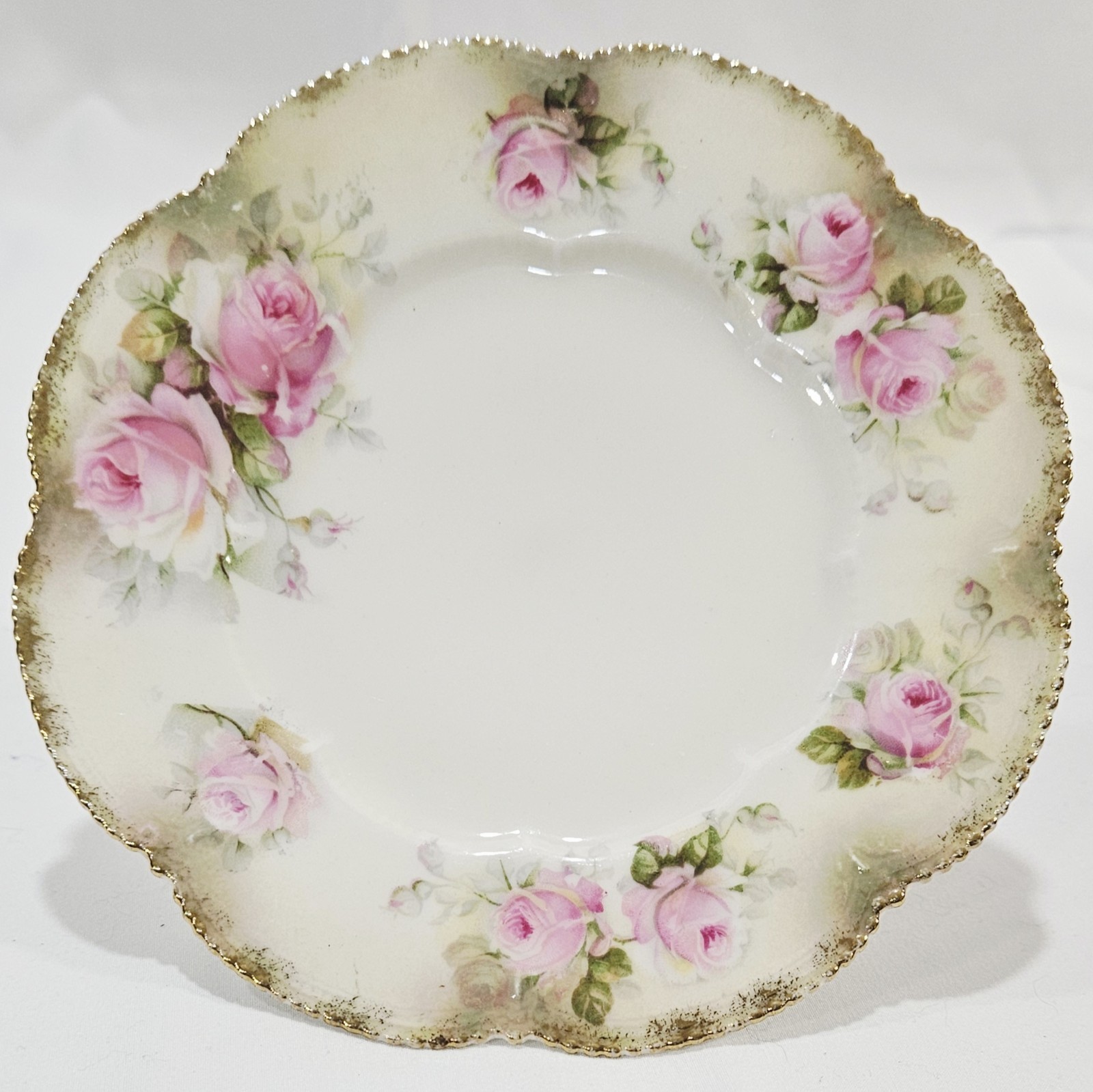 Antique RS Prussia Germany 6 3/8″ Dessert Plate Pink Roses Green & Gold Gilt Rim