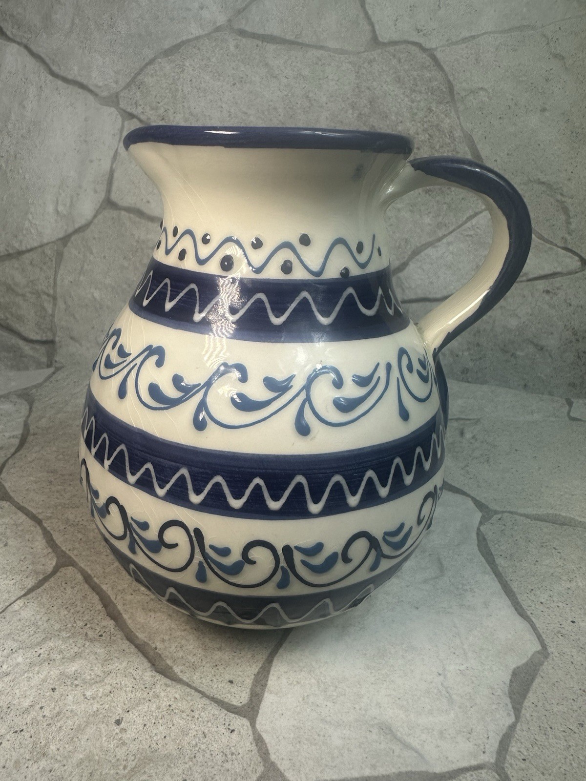 Vintage Blue and White Ceramic Decorative vase with Handle, signed Pedraza Spain