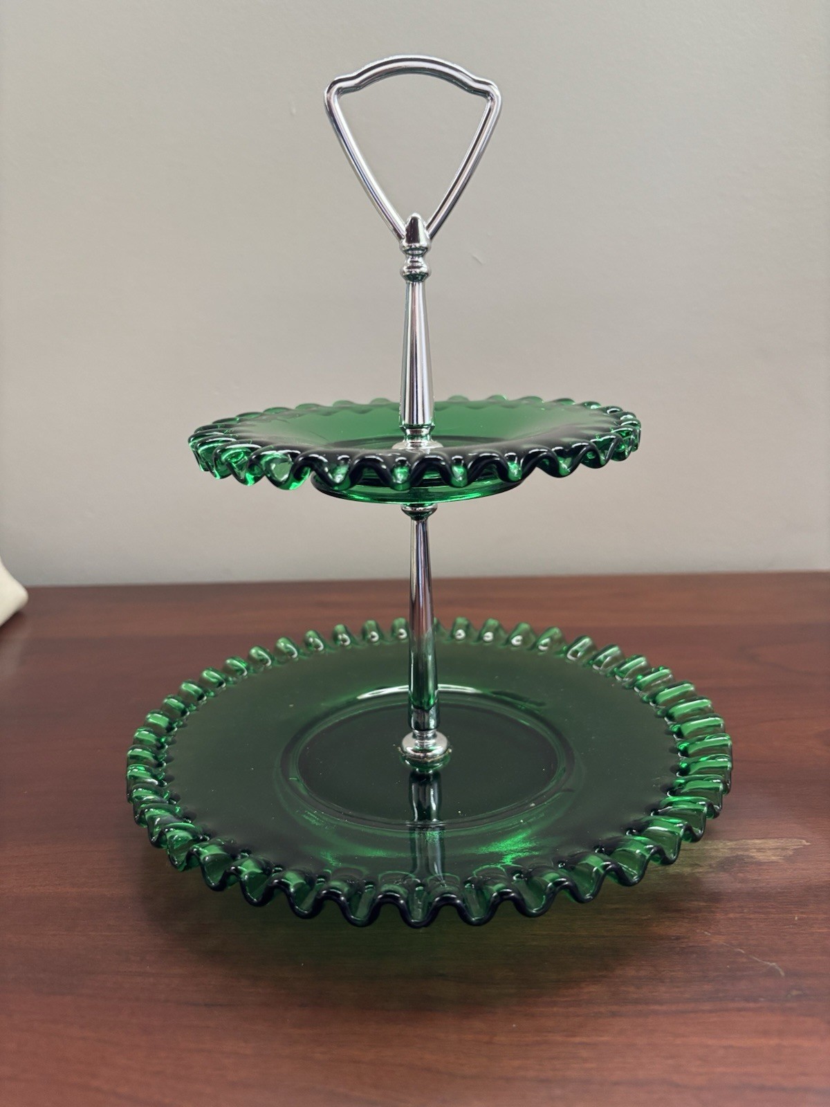 Vintage Fenton Glass Green Ruffled Tidbit 2 Tier Server