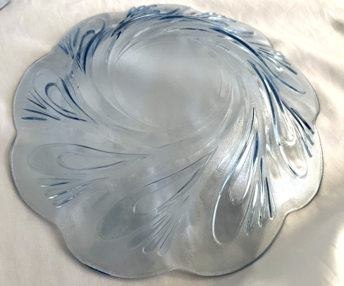KIG (?) set of 6 clear blue glass 8″1/2″ salad plates-embossed swirls .Indonesia