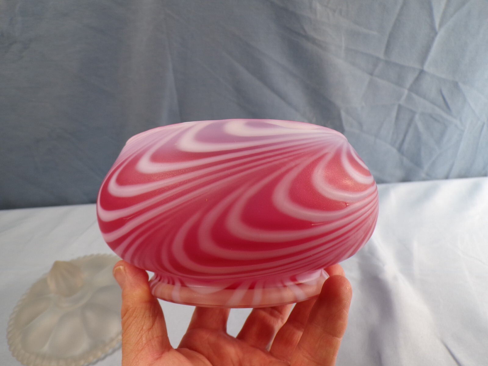 Fenton Cranberry Satin Glass Swirled Feather Candy Jar (Not Smaller Puff Box)