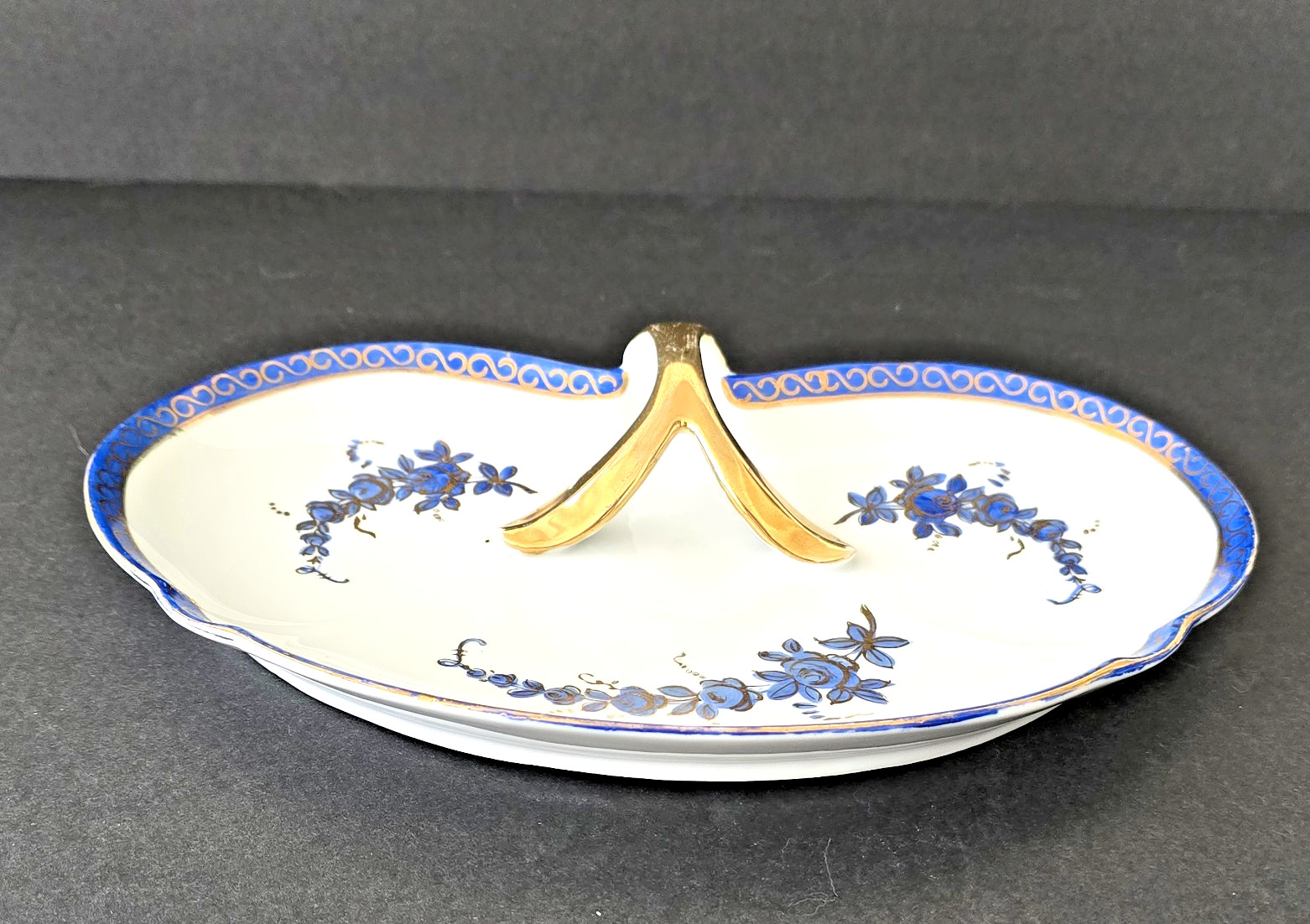 Bavaria Porcelain Vintage Kidney Shaped Platter Blue Gold Floral 10″ Vintage