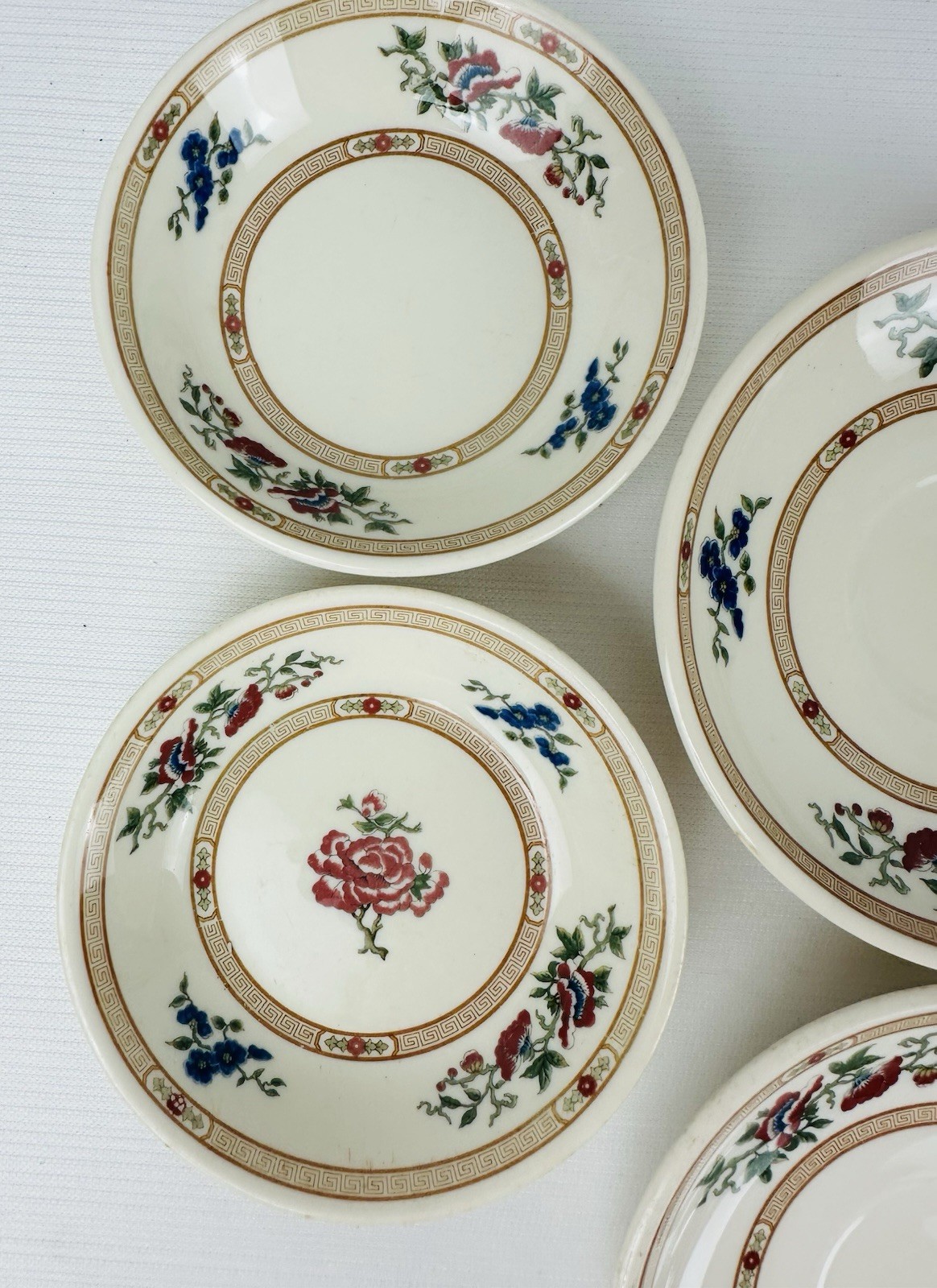 VTG Old Ivory Syracuse China 8pc Saucer Plates Berry Bowls Floral Greek Key Trim