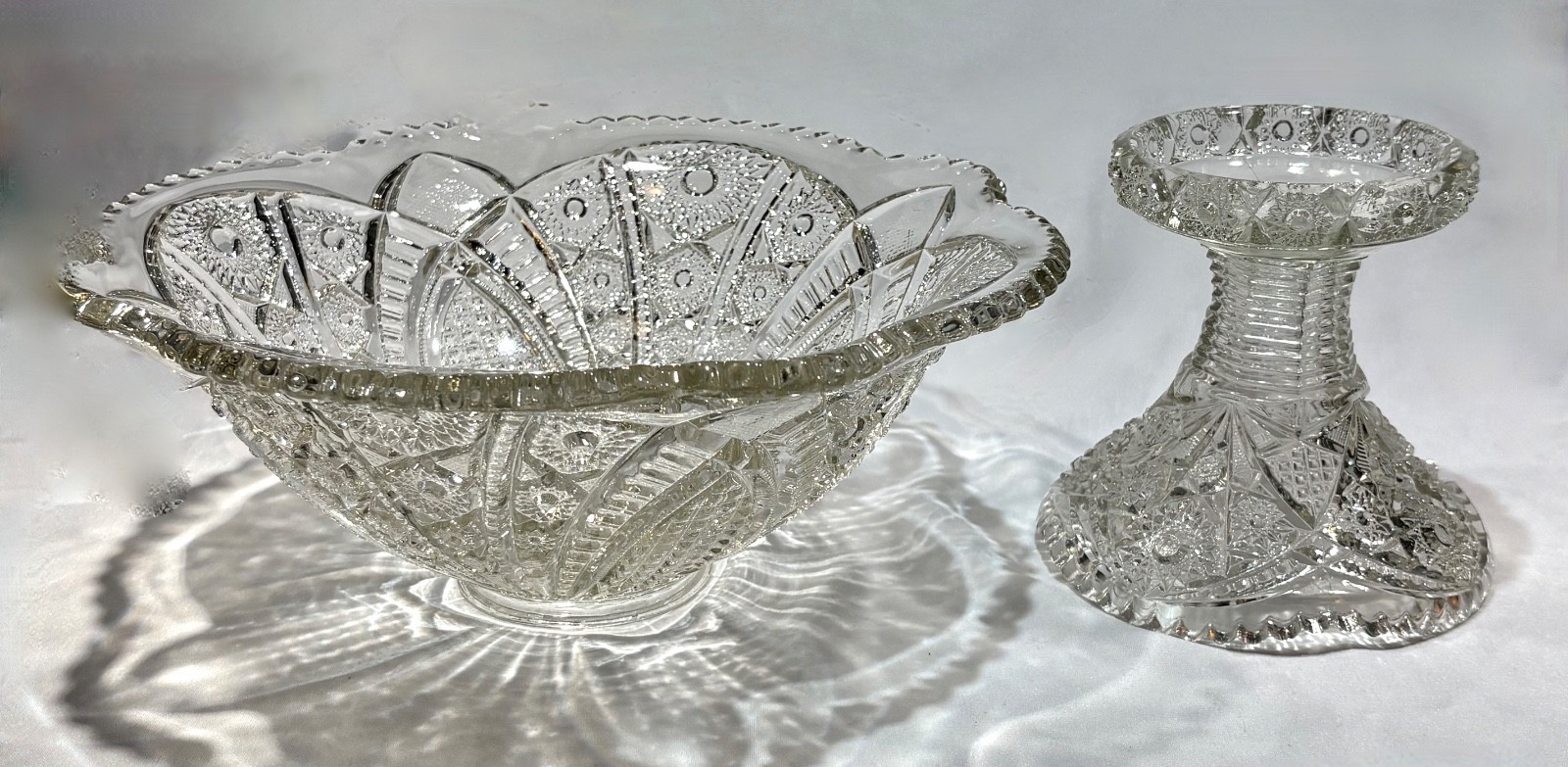 Antique Indiana Glass Paneled Daisy and Fine cut Clear Punch Bowl Base & 6 Cups