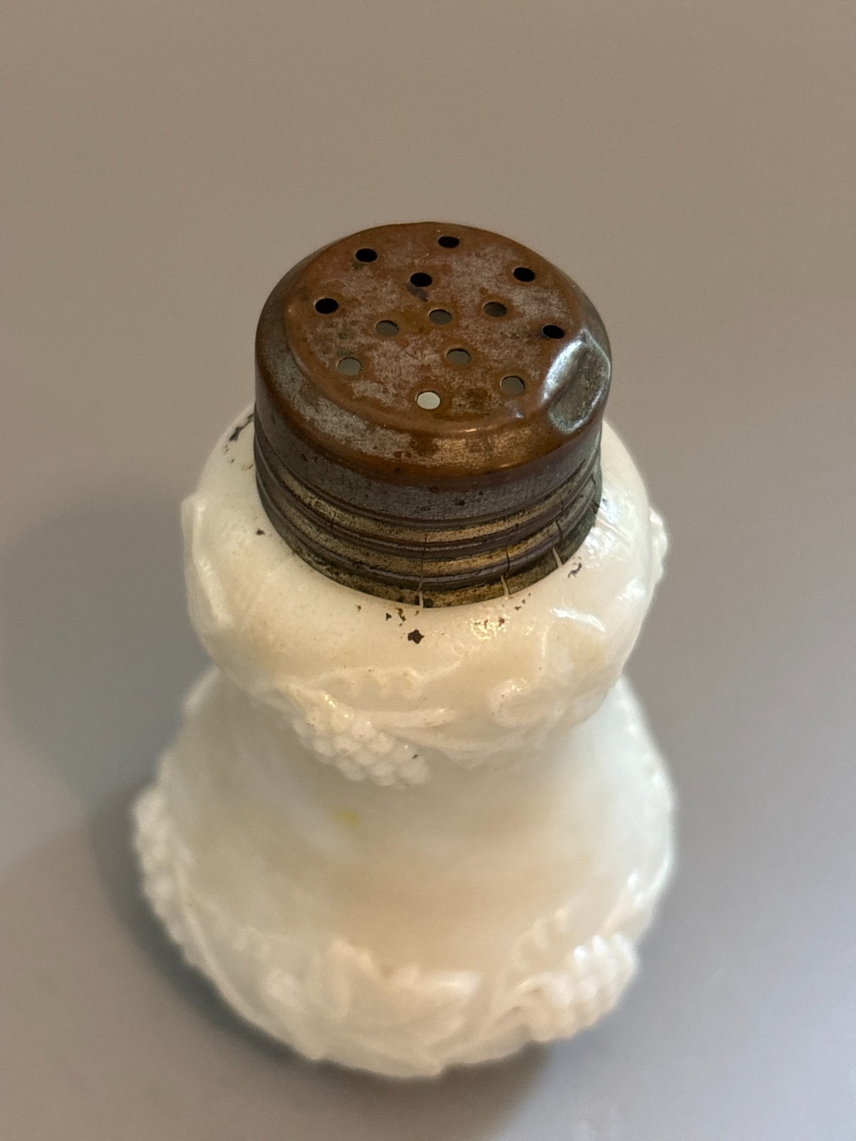 Antique Northwood EAPG Milk Glass Grape Leaf Salt Shaker Metal Lid c1895 Vtg