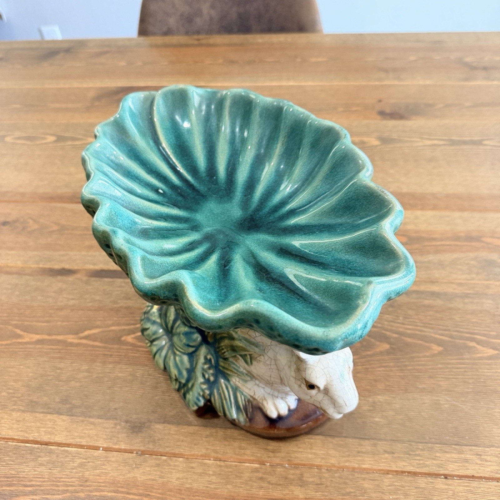 Vtg Majolica Double Rabbit Pedestal Compote Fruit Bowl Centerpiece Easter