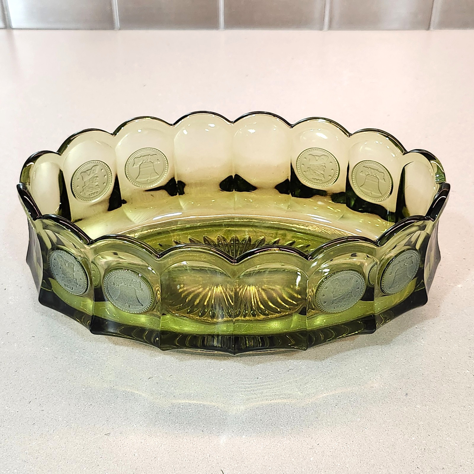 Vintage Fostoria Olive Green Glass Coin Scalloped Edge 9” Oval Serving Bowl