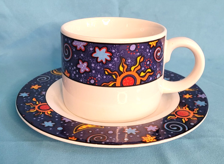 Sakura Celestial Cup and Saucer Set Stoneware 1992 White Multi-color Very Good