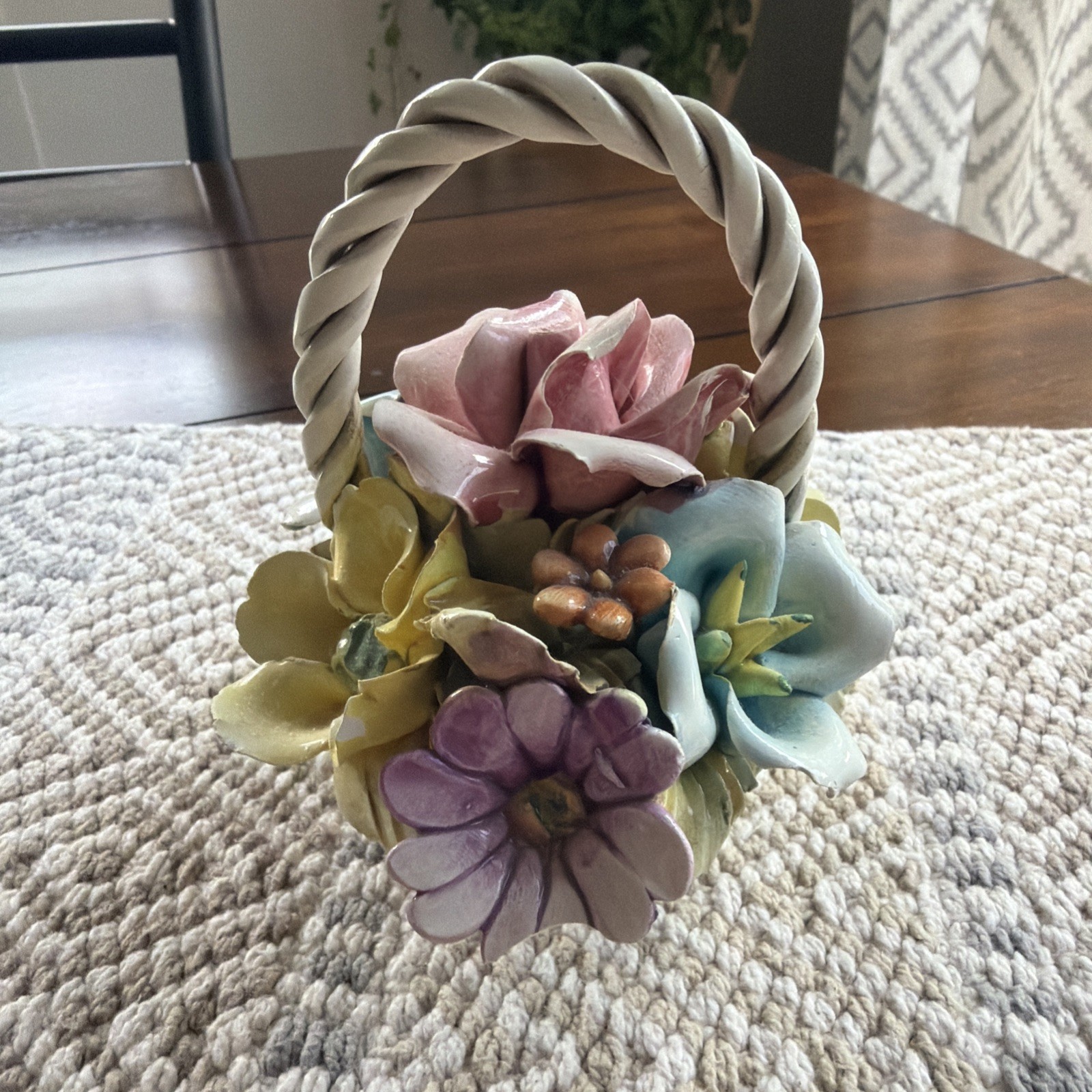 Vintage Italian Capodimonte Basket of Assorted Colorful Flowers Small Chip