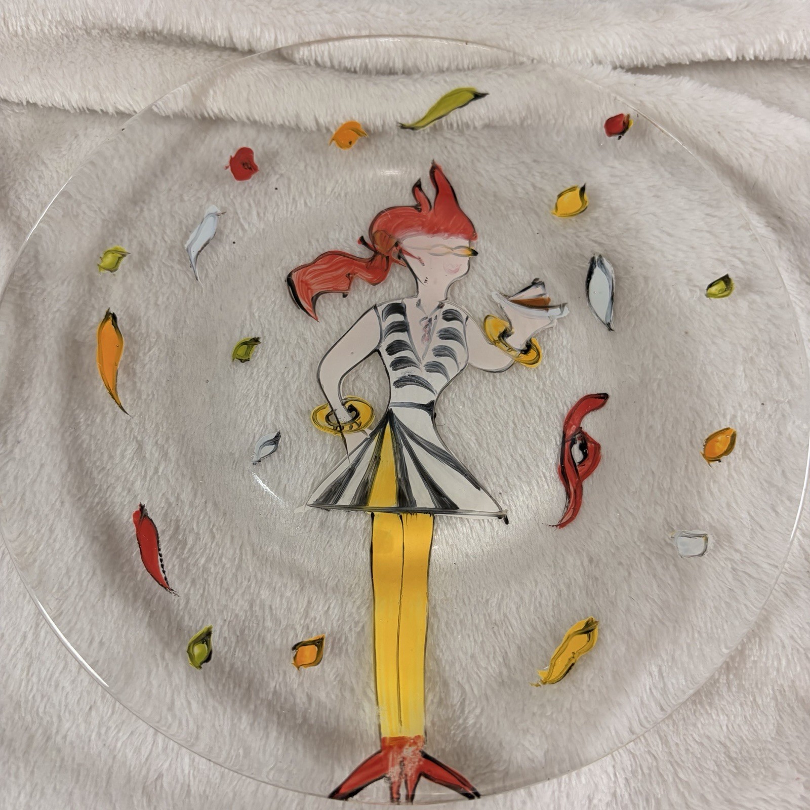 Vintage Judie Bomberger Party Girls Glass Plates Set of 2 Unsigned Folk Art 7.5″
