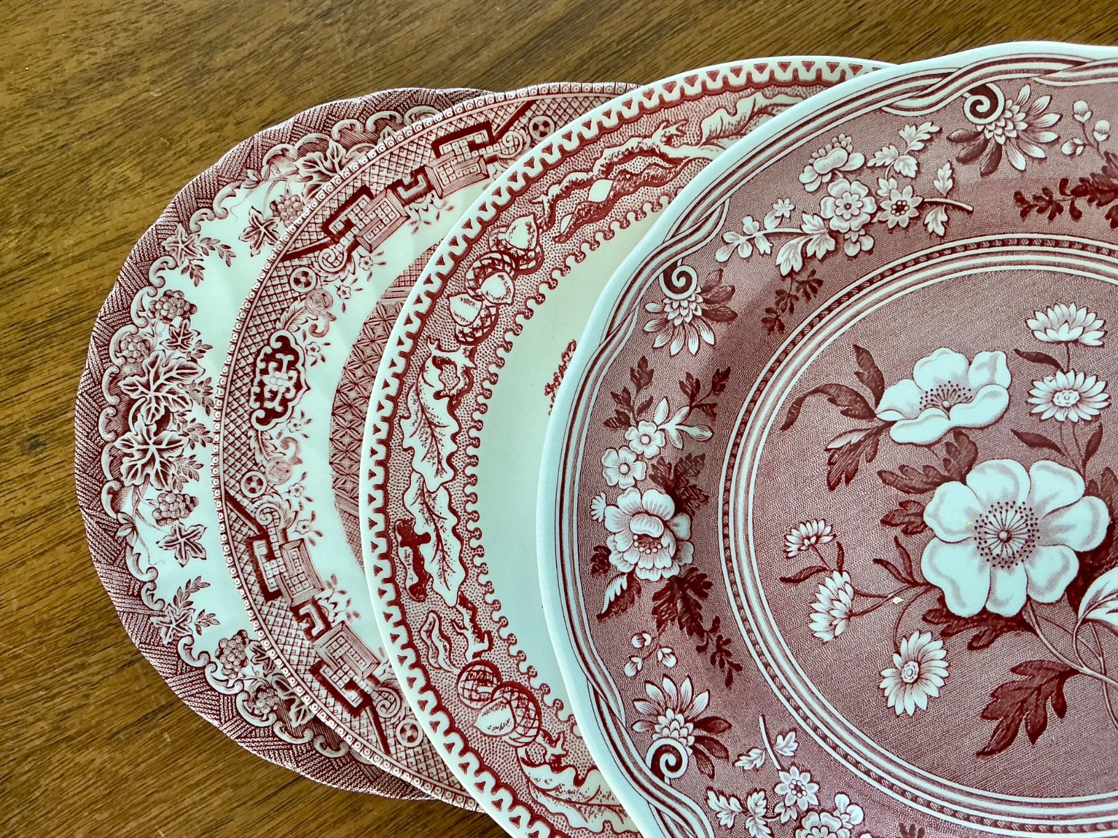 Vintage Mismatched China Salad Dessert Plates ~ Set of 4 ~ Pink/Red Transferware