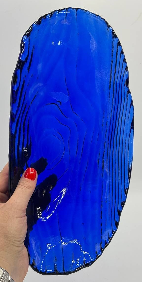 Vintage Cobalt Blue Textured Glass Oval Dish Platter 31 cm Mid Century