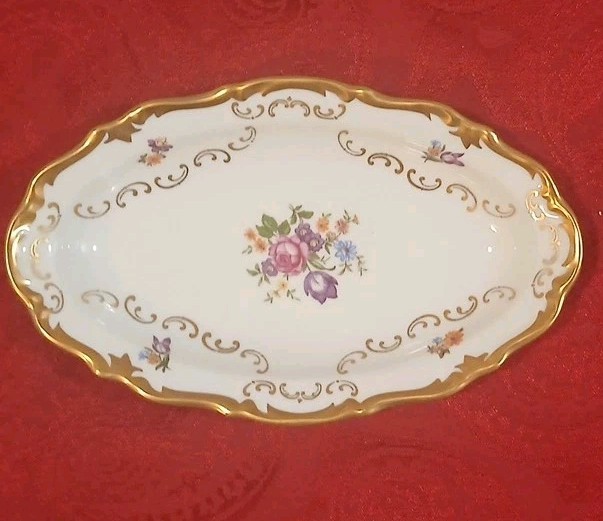 Vintage Reichenbach German Fine China Oval Dish Platter Flowers Gold Trim 9 In
