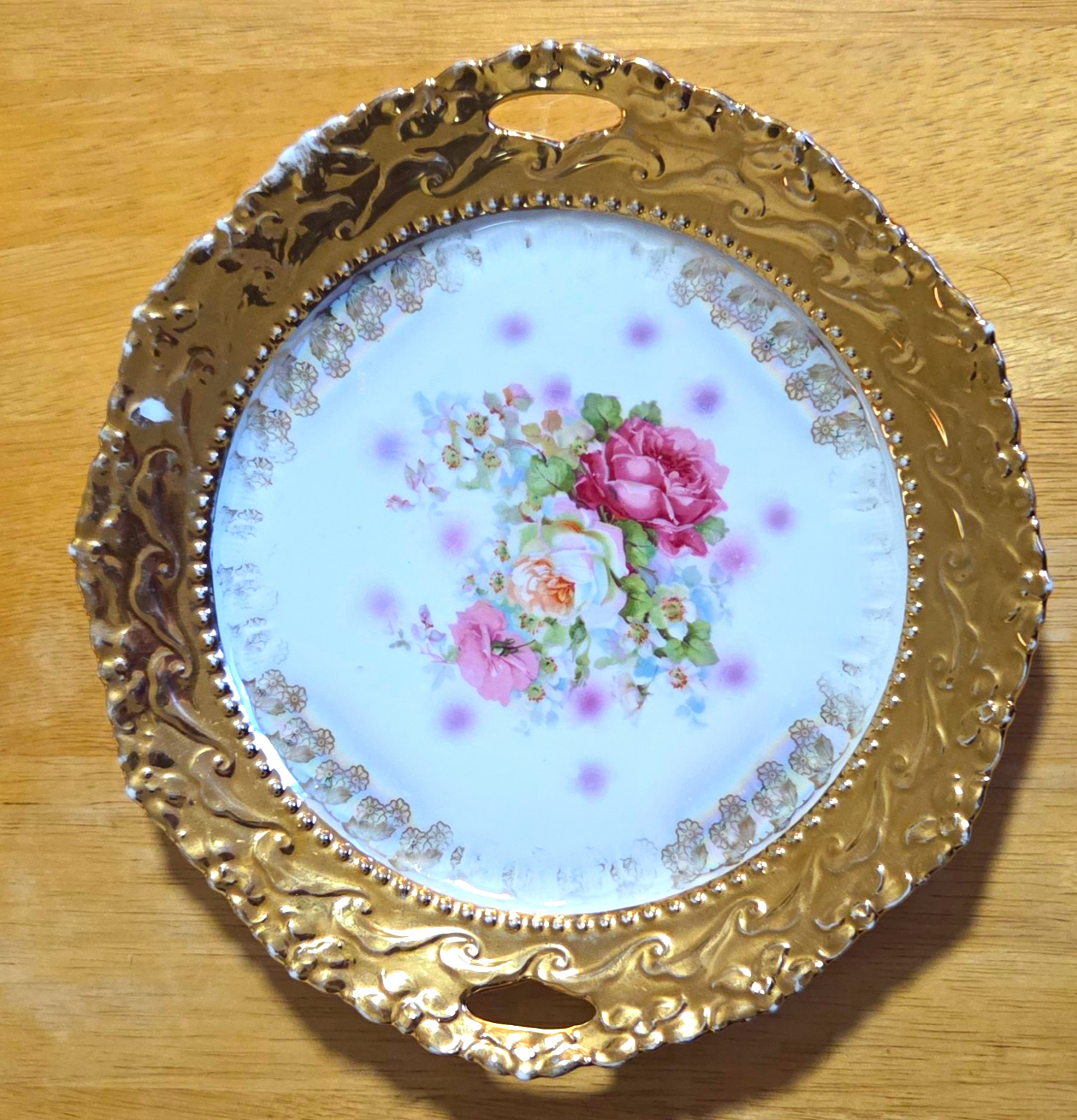 IPT Porcelain Floral Oval Platter with Handles, White Pink Green Gold Rim