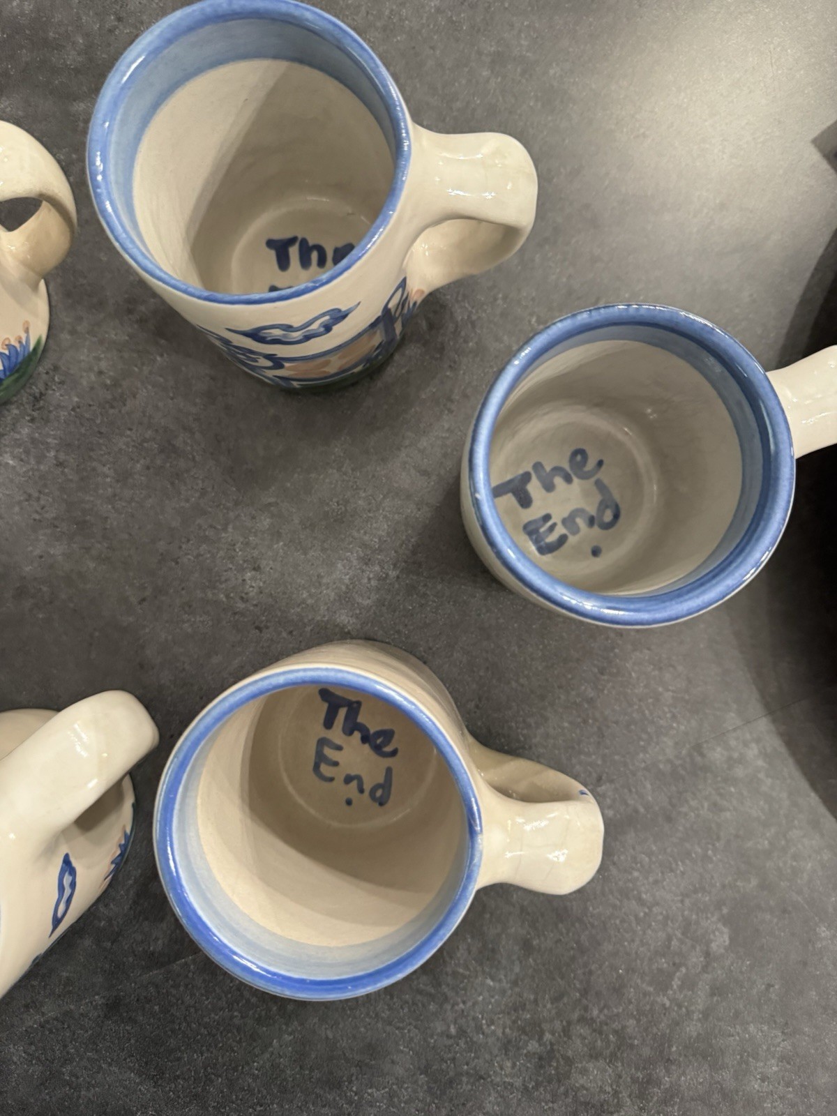 Set of 6 M.A. Hadley Pottery Mugs Hand-painted Blue Folk Art