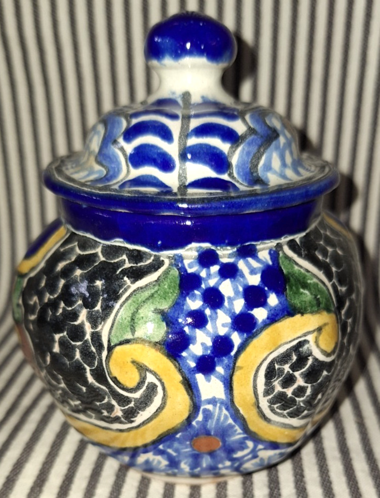 VTG w/ORIG 1997 TAG TALAVERA TIBOR LA CORONA 5″ ART POTTERY HEXAGONAL JAR w/LID