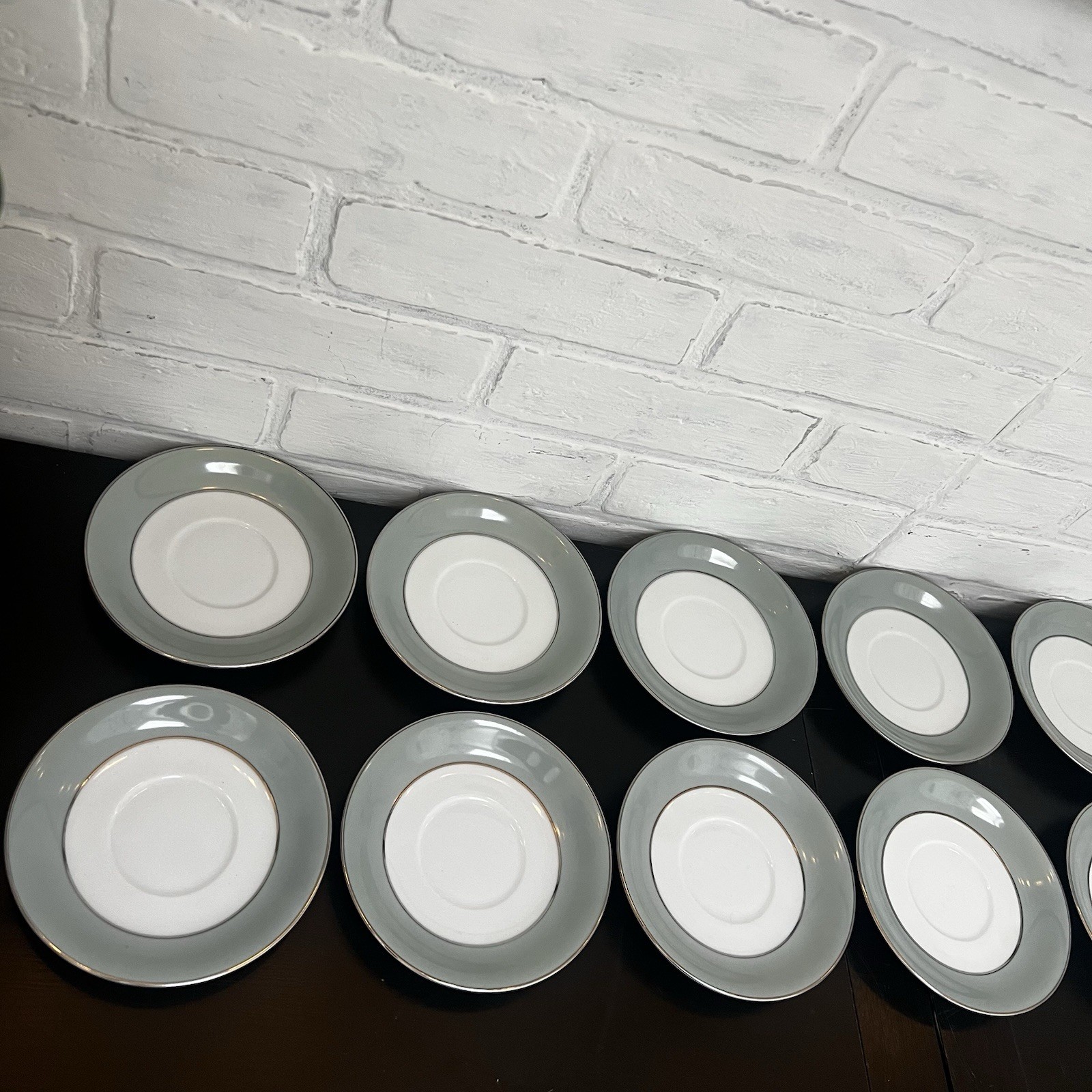 Vintage Sango Japan Sheffield Plates and Saucers Celadon Silver Rim- 22 Pc Lot