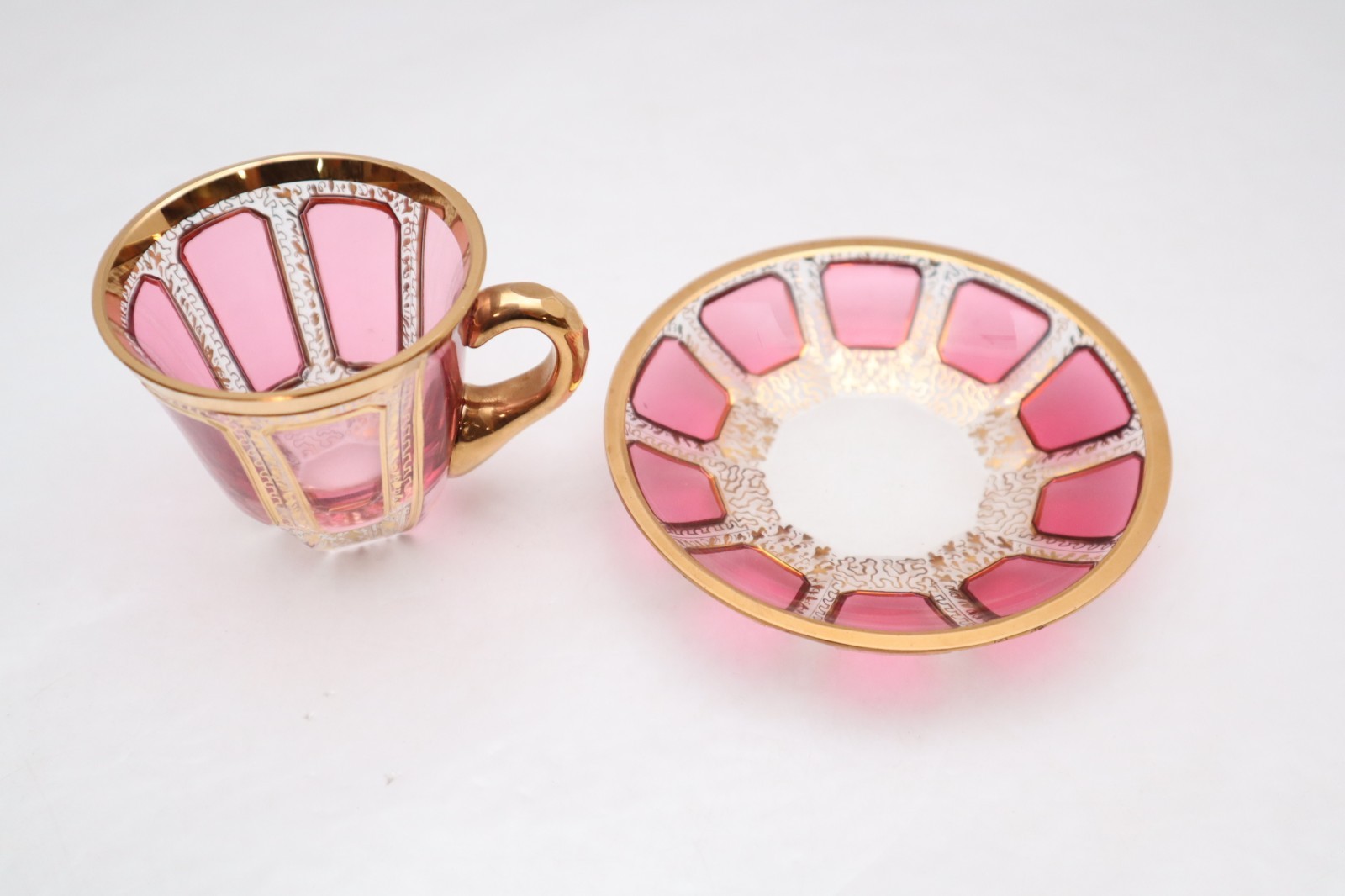 Moser Bohemian Cabochon Pink & Gold Floral Demitasse Espresso Tea Cup & Saucer