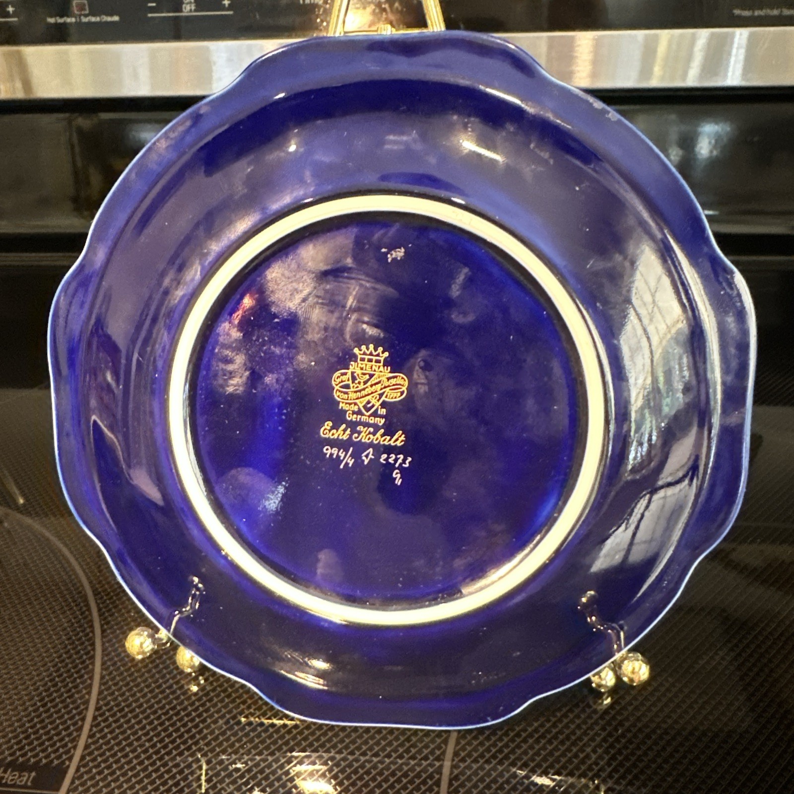 Jlmenau Reichenbach Echt Kobalt Blue GOLD TRIM Rose Plate Dish 7.5” Germany