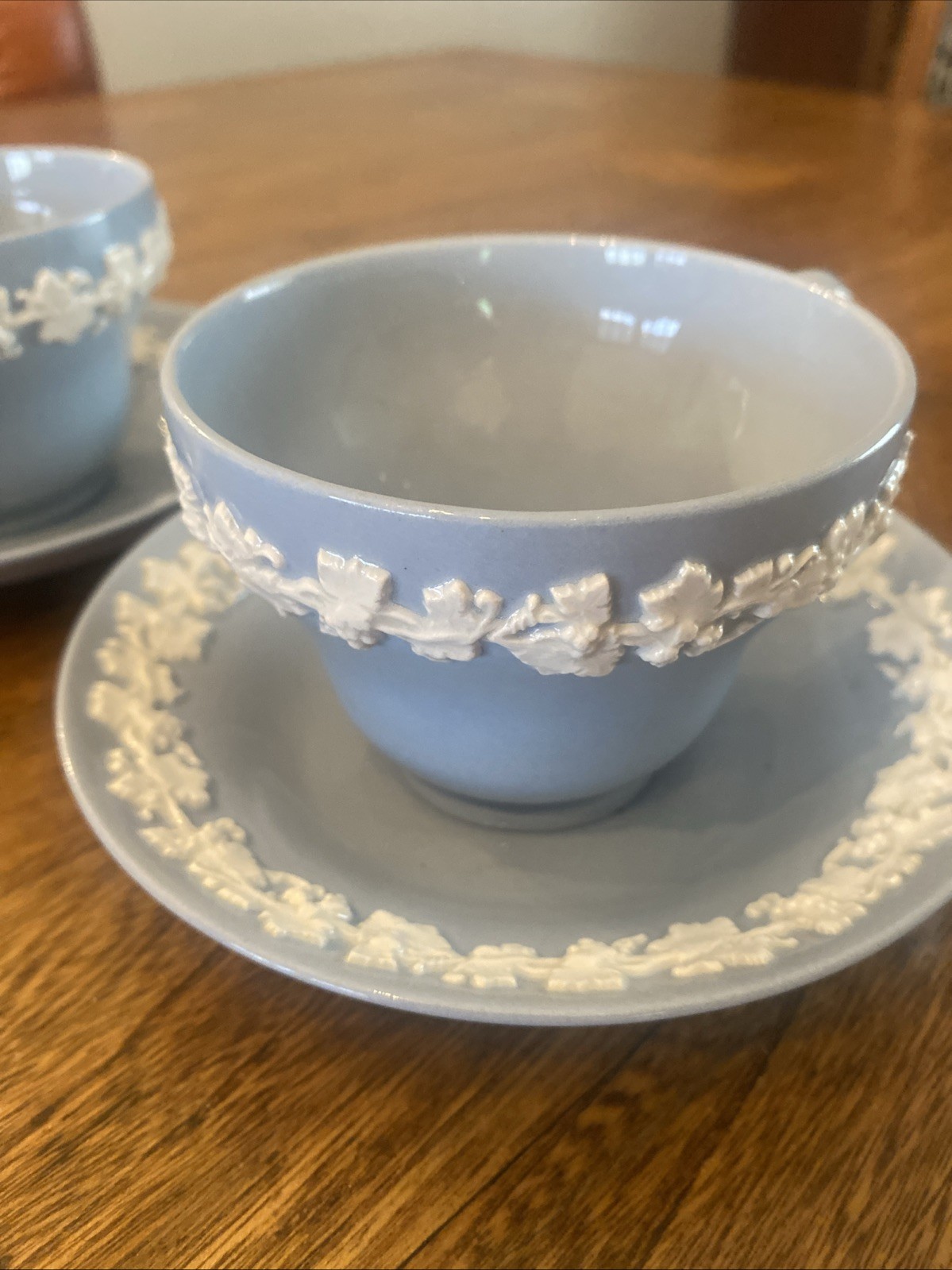 Wedgewood Blue Jasperware Set Of 5 Cup Saucer Sets Queens Ware Vintage