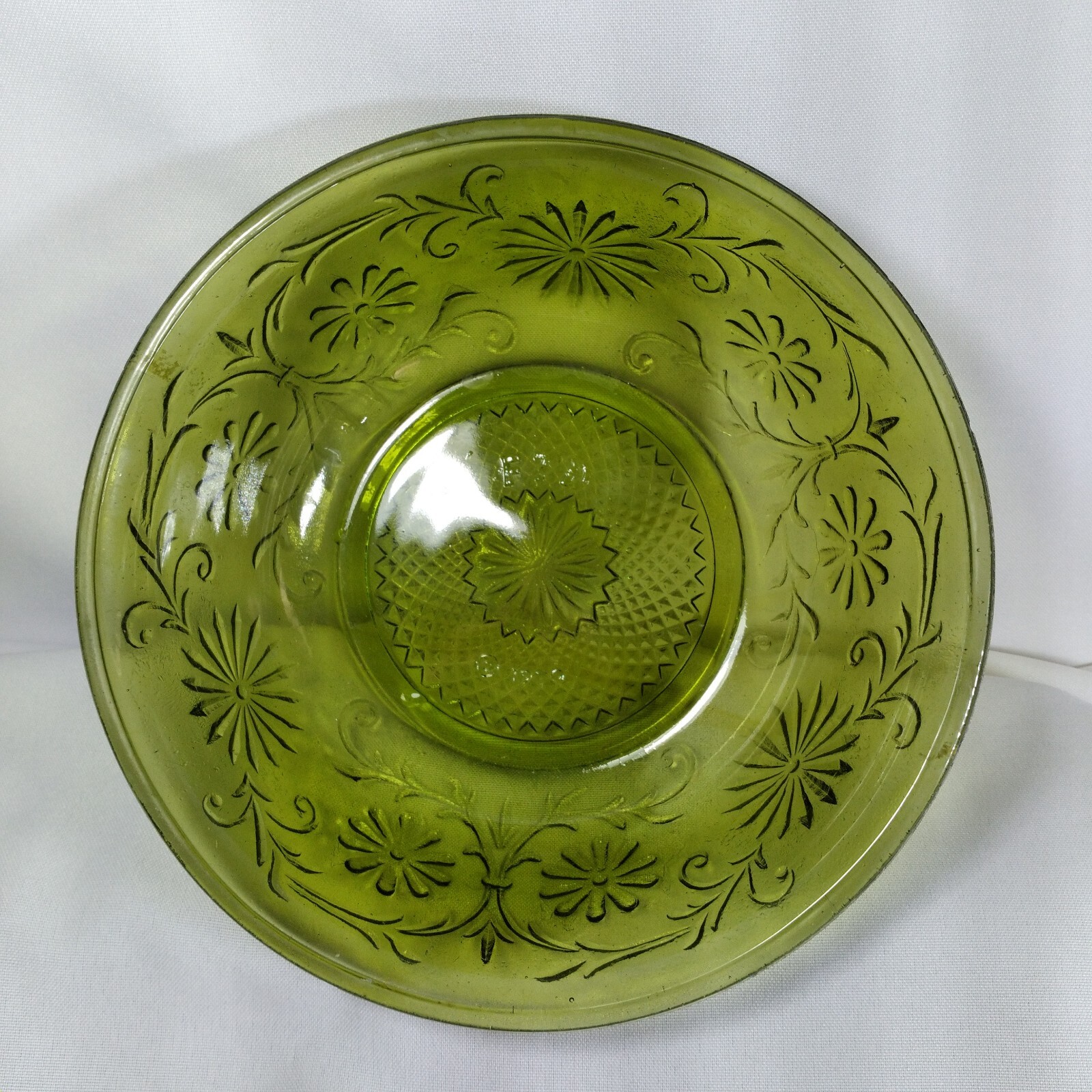 Vintage FTD 1979 Green Glass Serving Bowl Country Floral Pattern