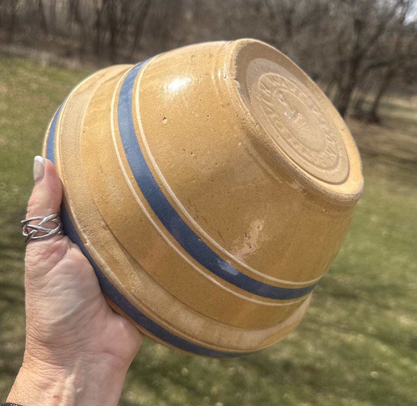 Antique YellowWare Bowl Rare#9 Blue White Stripe 9 in Marked USA Primitive