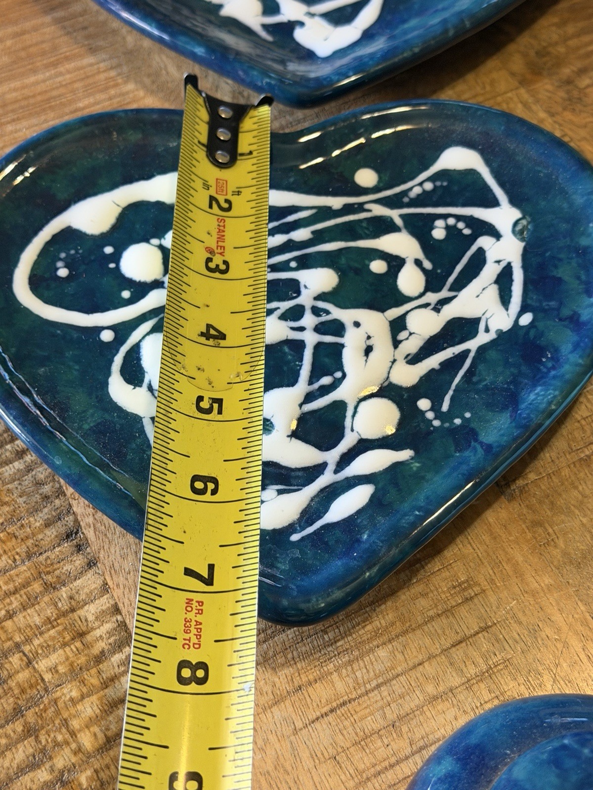 Vintage Handcrafted Four Piece Heart Shaped Blue Green Pottery Plates & Trinket