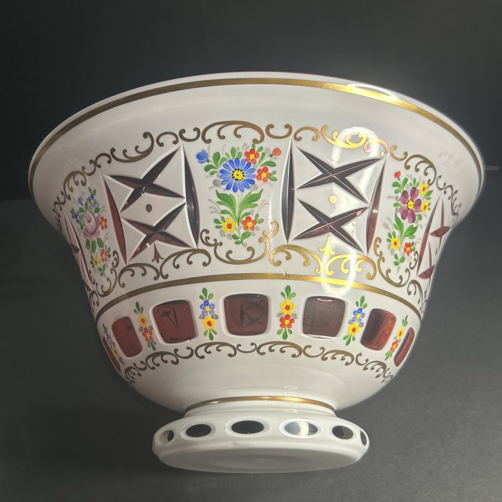 Bohemian Czech White Glass Cut to Pink Pedestal Bowl Hand Painted Flowers 9”