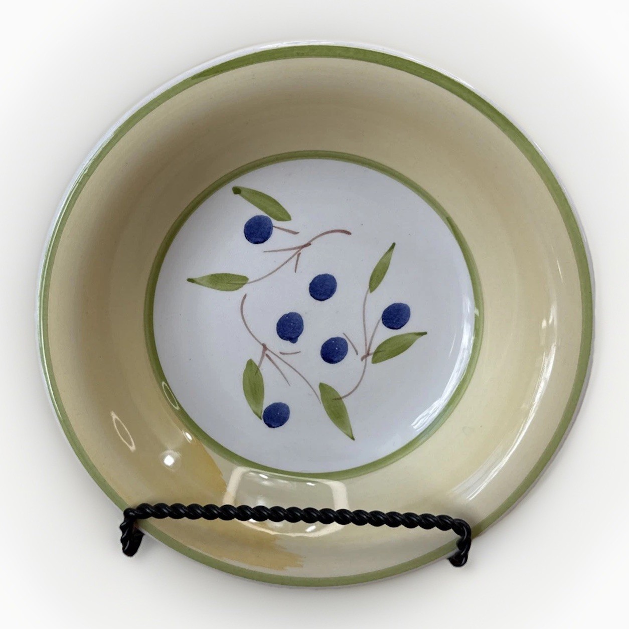 Vintage CMS Italy Hand Painted Blue Berry Bowl 8.25” Yellow Green Rim