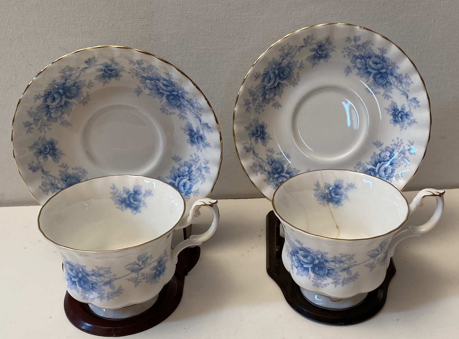 Two (2) Vintage Royal Albert Windsor Rose Blue Footed Cup & Saucer Sets