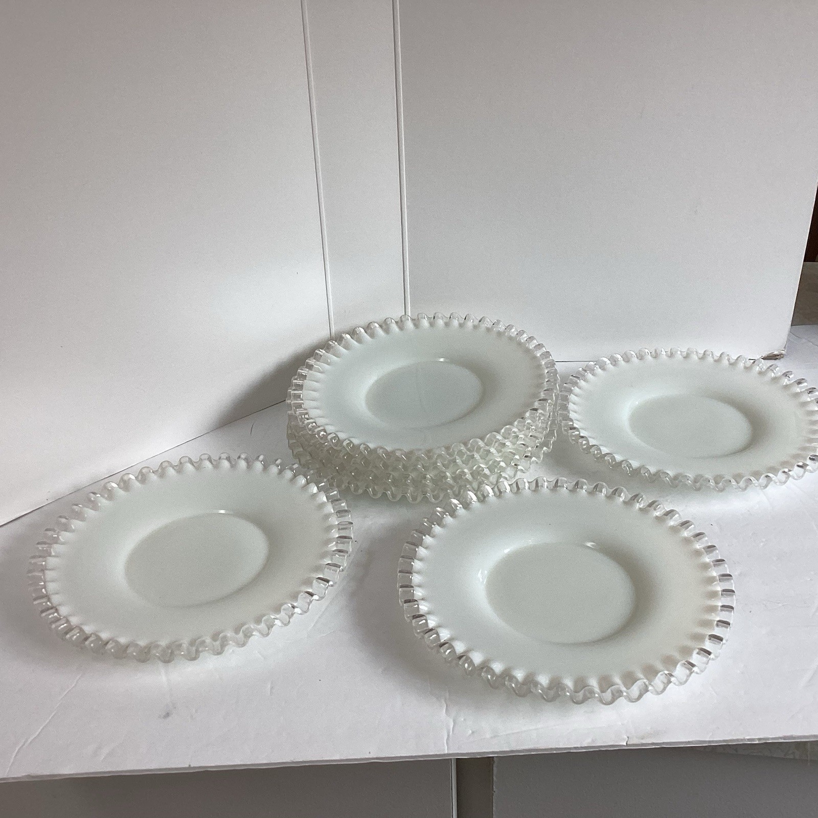 7 Fenton Milk Glass Silver Crest Ruffled Edge Dessert Salad Plates 8 3/4 “