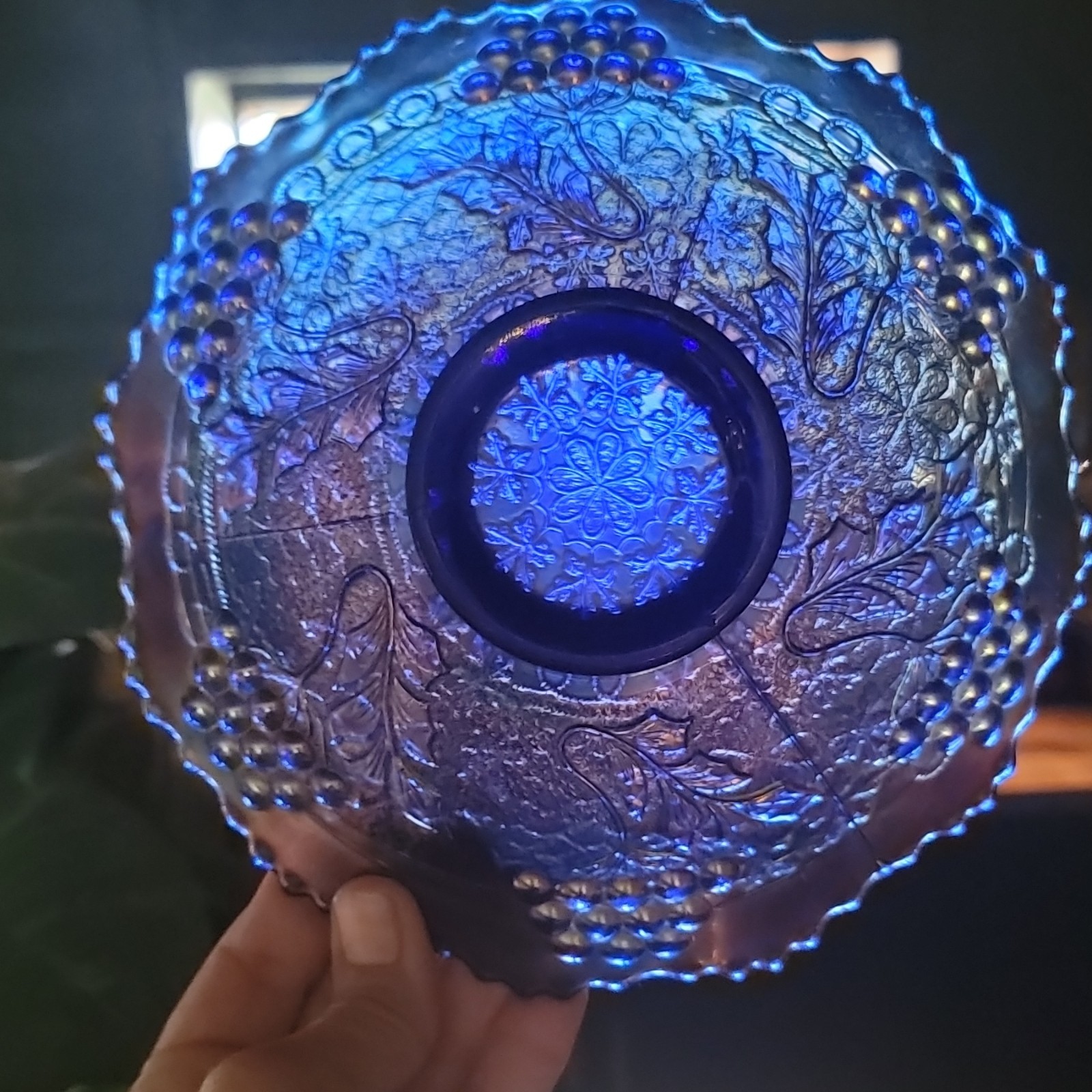 Blue Pressed Glass Grape & Vine Round Plate, Decorative Fruit Pattern