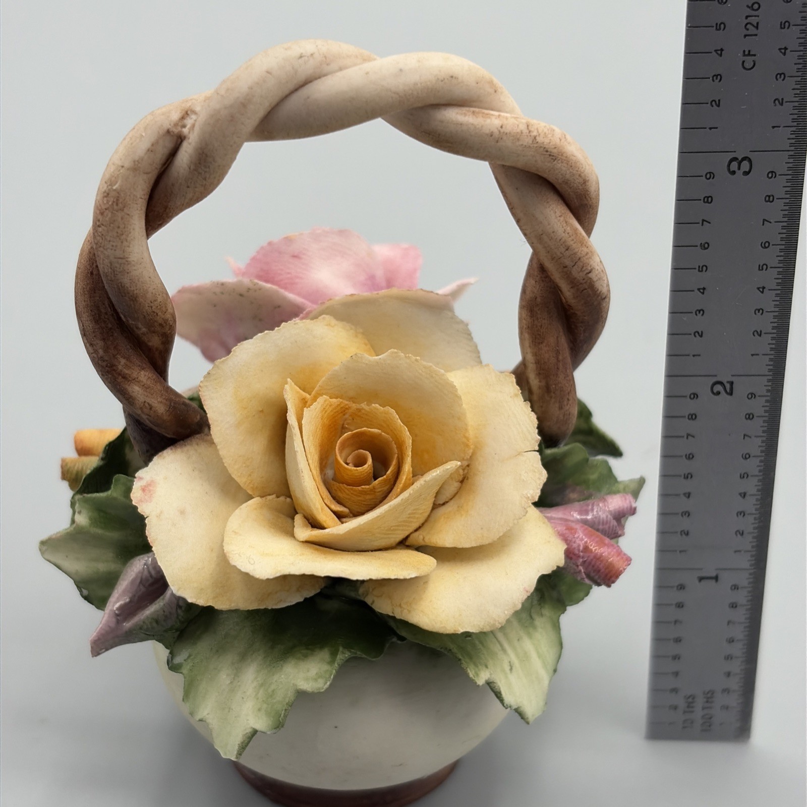 Vintage Capodimonte Porcelain Flowers Basket Centerpiece 4″ Tall, Made in Italy