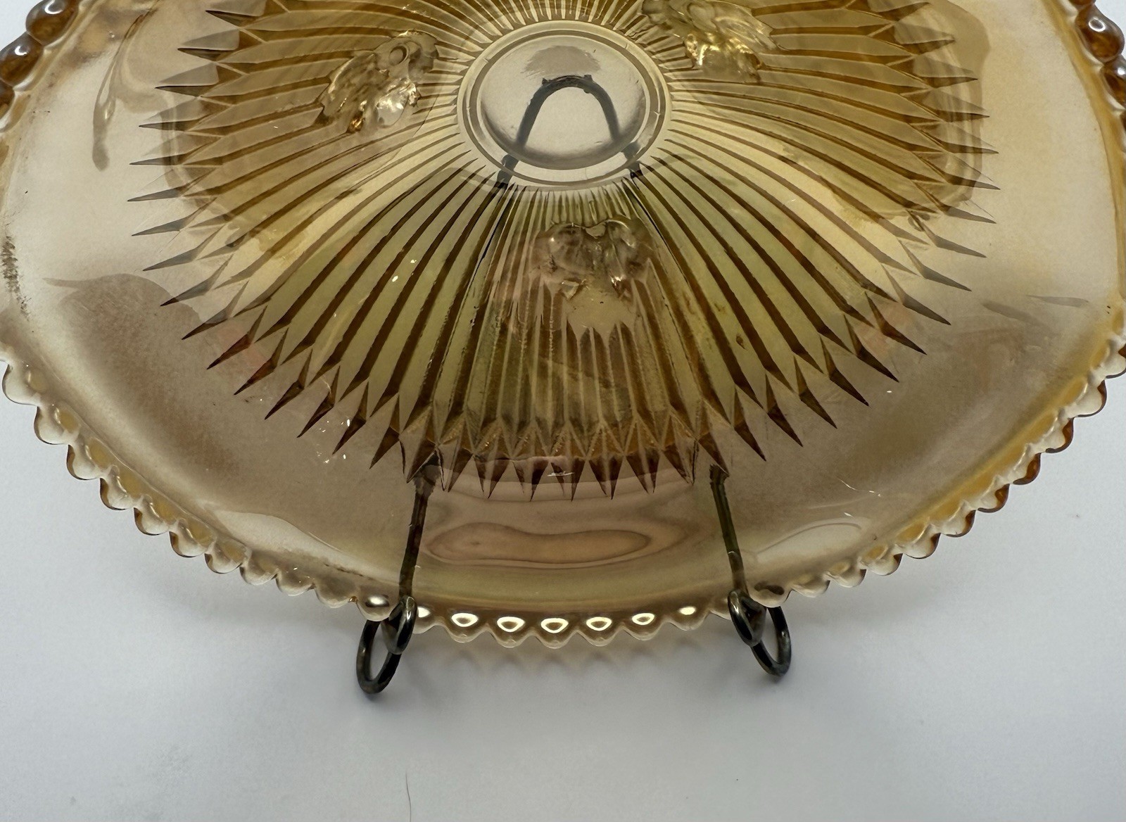 Vintage Carnival Glass Jeanette Glass 3 Footed Marigold ‘Anniversary’ Bowl 6.5”