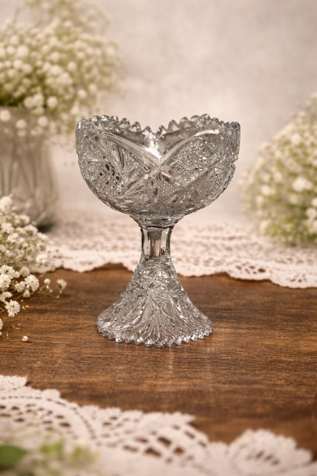 Vintage Cut Glass Pedestal Compote Candy Dish Sawtooth Rim Star Pattern