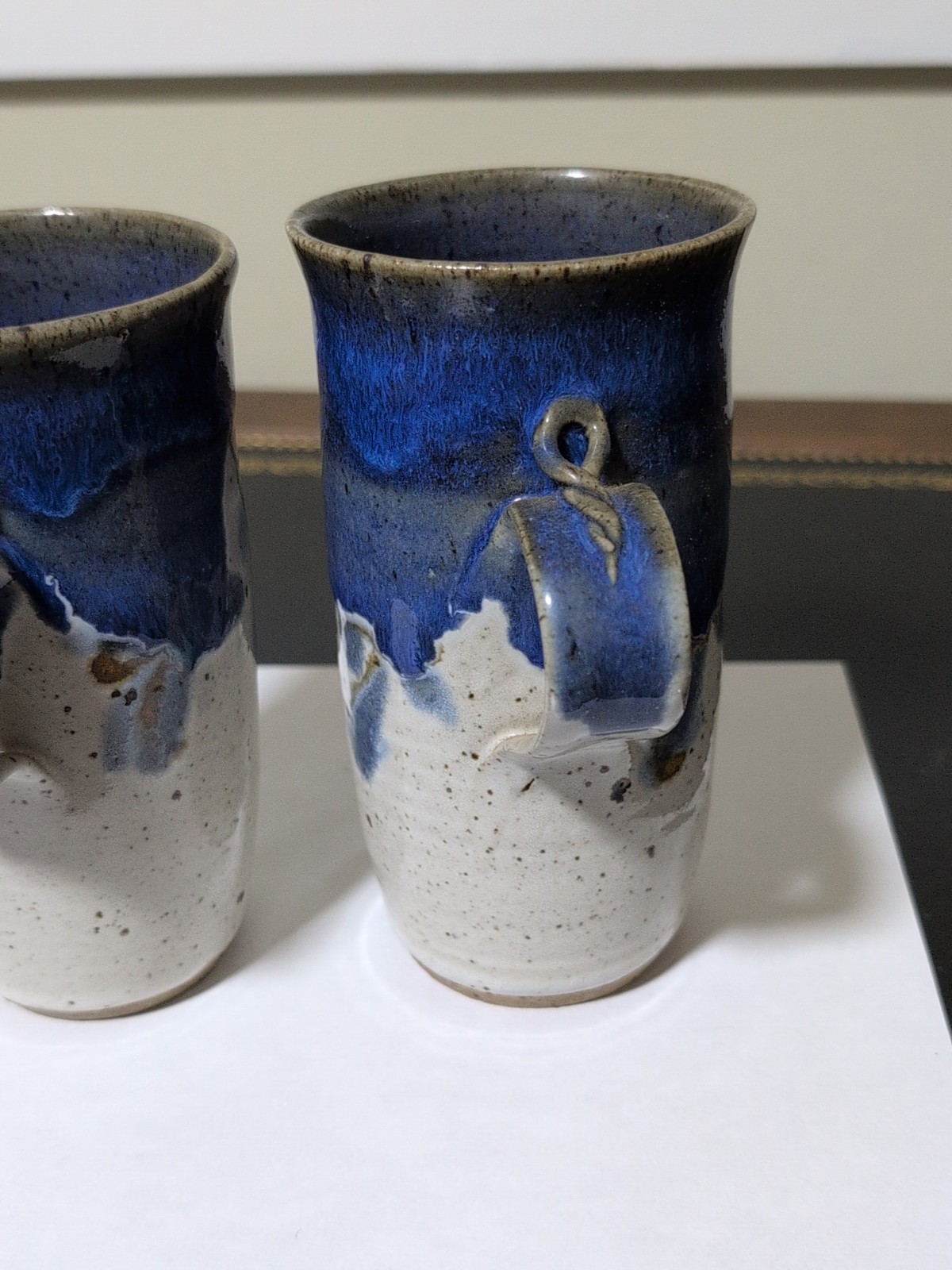 Studio Art Pottery Mugs Blue,Tan, Gray, Signed 1986 Glazed! Lot Of 2