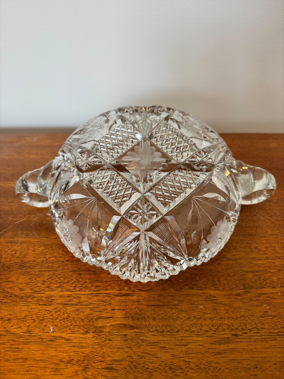 Pretty Vintage Cut Glass Divided Relish Dish with Handles – Starburst 11″x8″