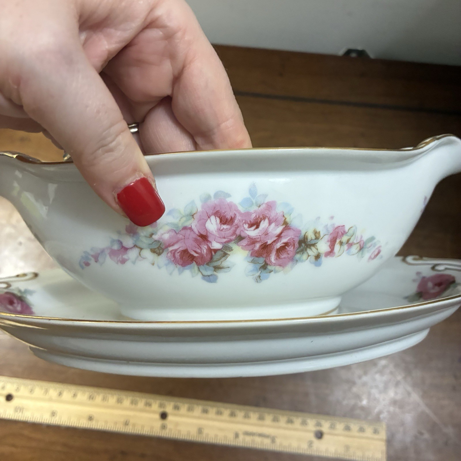 Vintage Fine China Corona Gravy Dish W Saucer Pink Roses Made In Occupied Japan