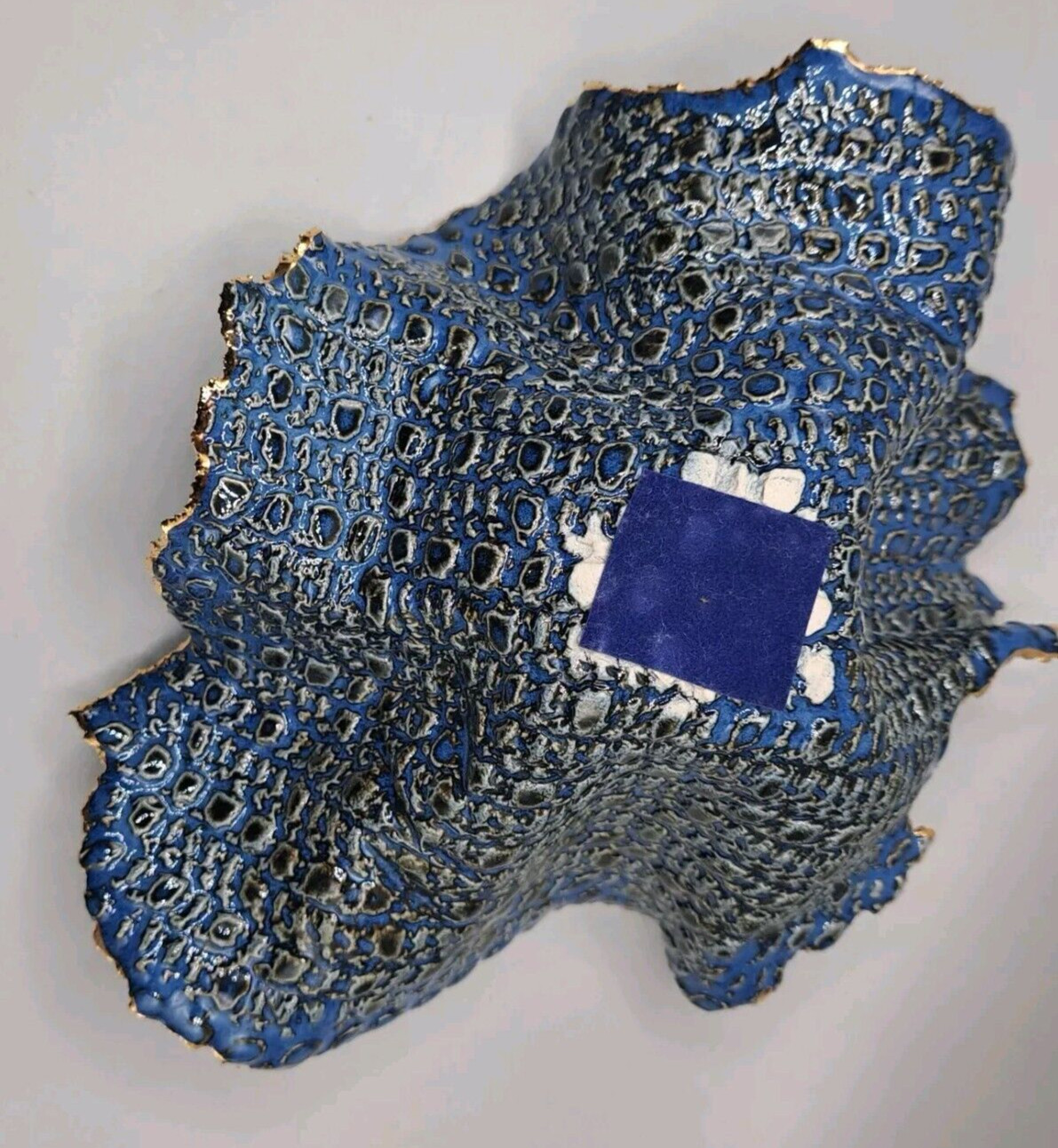 Freeform handkerchief Pottery Bowl Blue Unsigned Cobalt/Gold Trim OrganicTexture