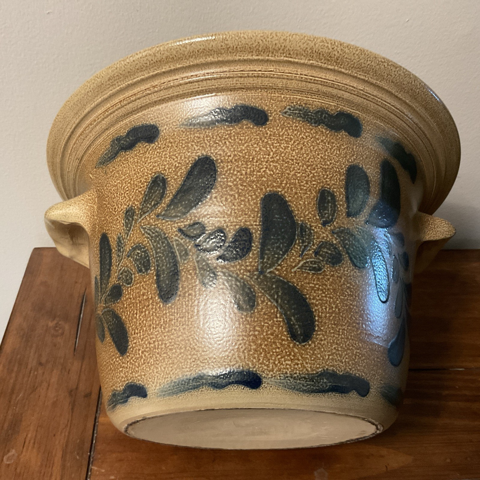 Maple City Pottery Crock Bowl Cobalt Hand Painted Design 7 X11 1/2