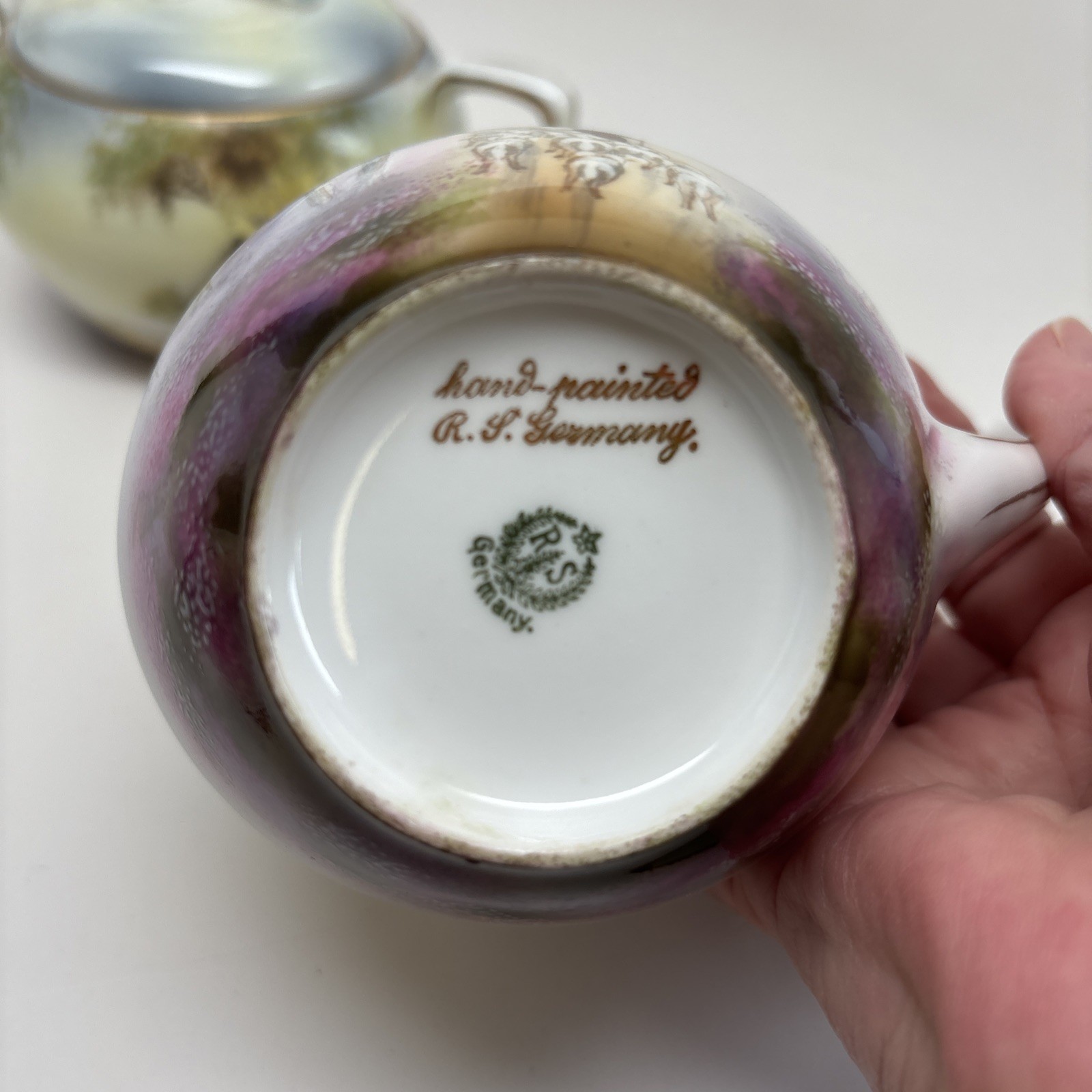 Antique RS Prussia Rare Sugar Creamer Cottage Barn Motif