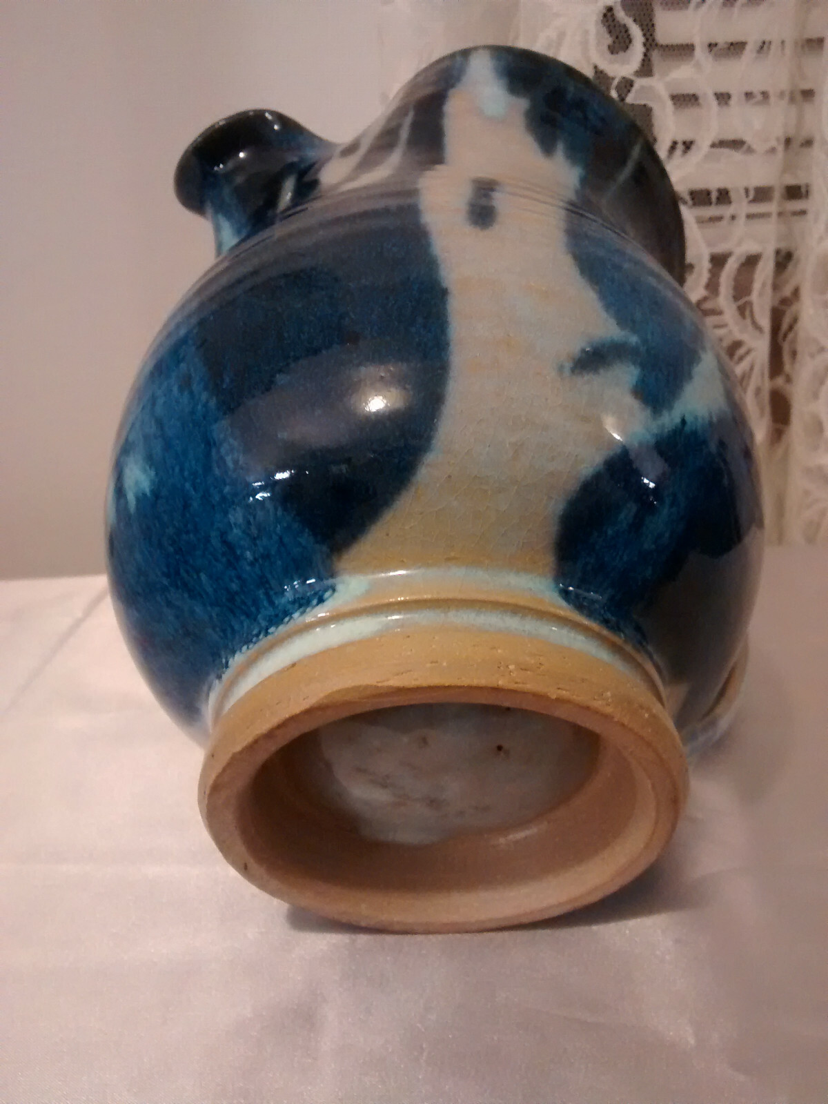 Pottery Pitcher Blue Grey Tan 7 1/4 Inches Tall Pinched Spout Thumb Rest Handle
