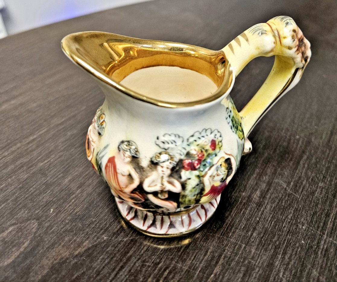 Vintage Capodimonte Demitasse Cup, Saucer, Small Creamer Pitcher Italy