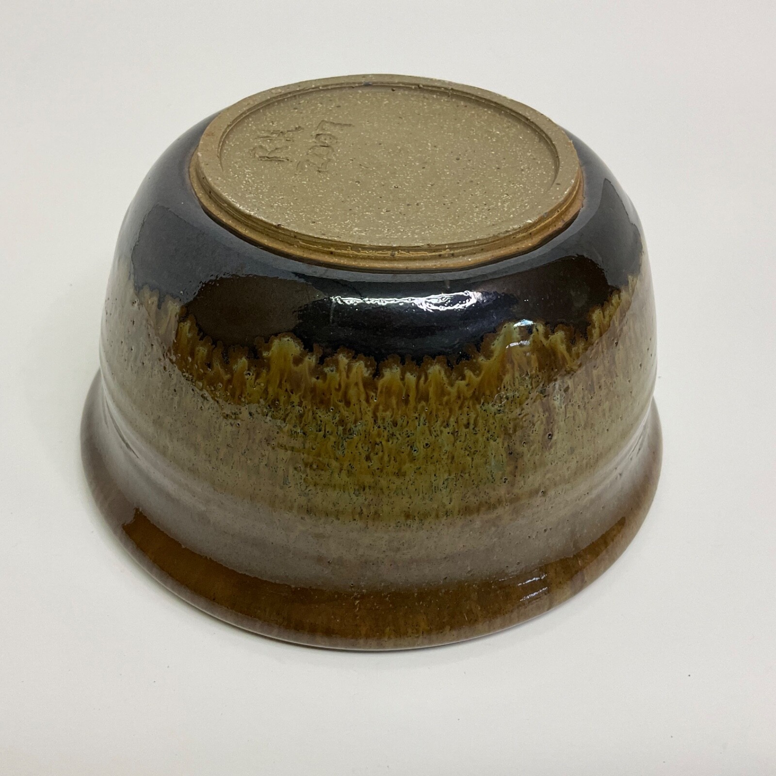 Studio Art Pottery Brown/Green Drip Glaze BOWL Signed RH 2007 – 3”H x 6”W